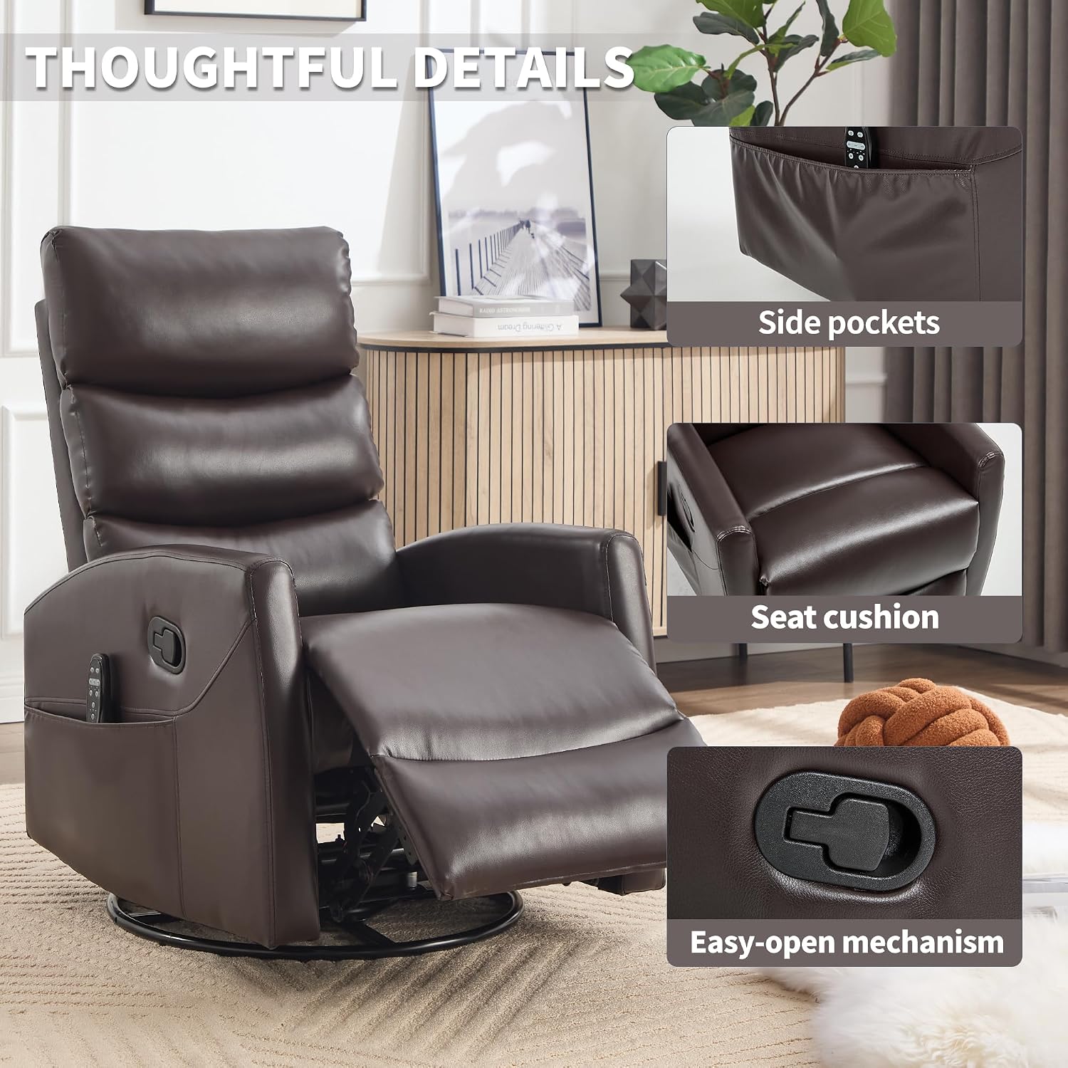 Manual Swivel Rocker Recliner Chair for Adults, Overstuffed Reclining Glider Chair for Nursing with Vibration Massage & Heat, Living Room Rocking Recliner 3-Stage backrest, Faux Leather Brown