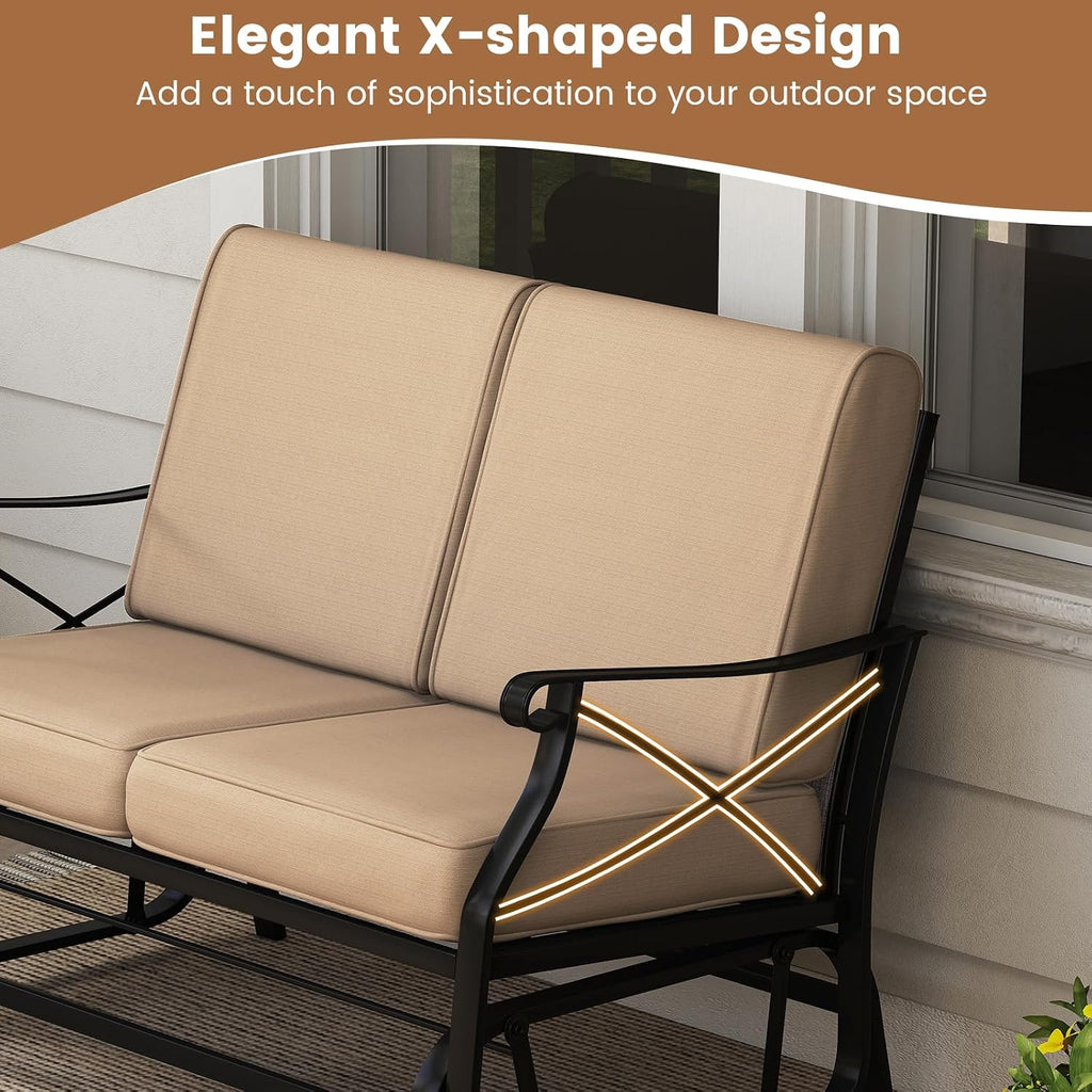 Giantex 2-Person Outdoor Glider, Rocking Chair Loveseat with Detachable Thick Cushions, Metal Frame, 660Lbs Capacity, Outside Swing Chair, Loveseat, Patio Glider Bench for Porch, Garden, Yard (Brown)
