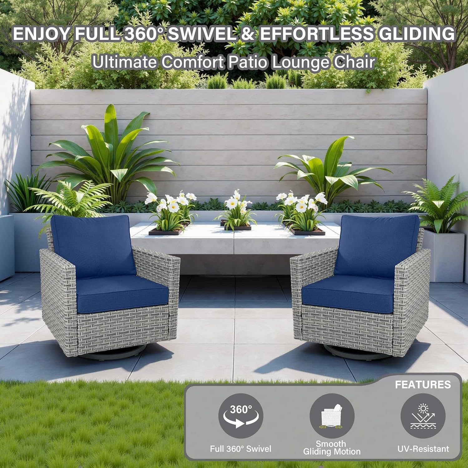 Belord High Back Outdoor Swivel Rocker Patio Chairs Set of 2 - Oversize Wicker Swivel Rocker Glider Seating Furniture Set for Patio Porch Deck Sunroom Backyard