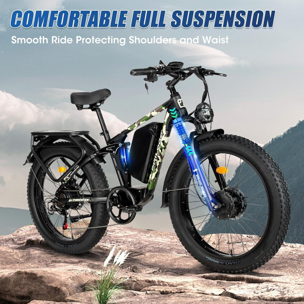 Forester 5000W Peak Dual Motor Electric Bike - 45 MiIe P-hour High-Speed, Fat Tire Ebike with 60V 25Ah Battery, 100+ Mile Range, Full Suspension & Hydraulic Brakes for Adult Off-Road Commuting