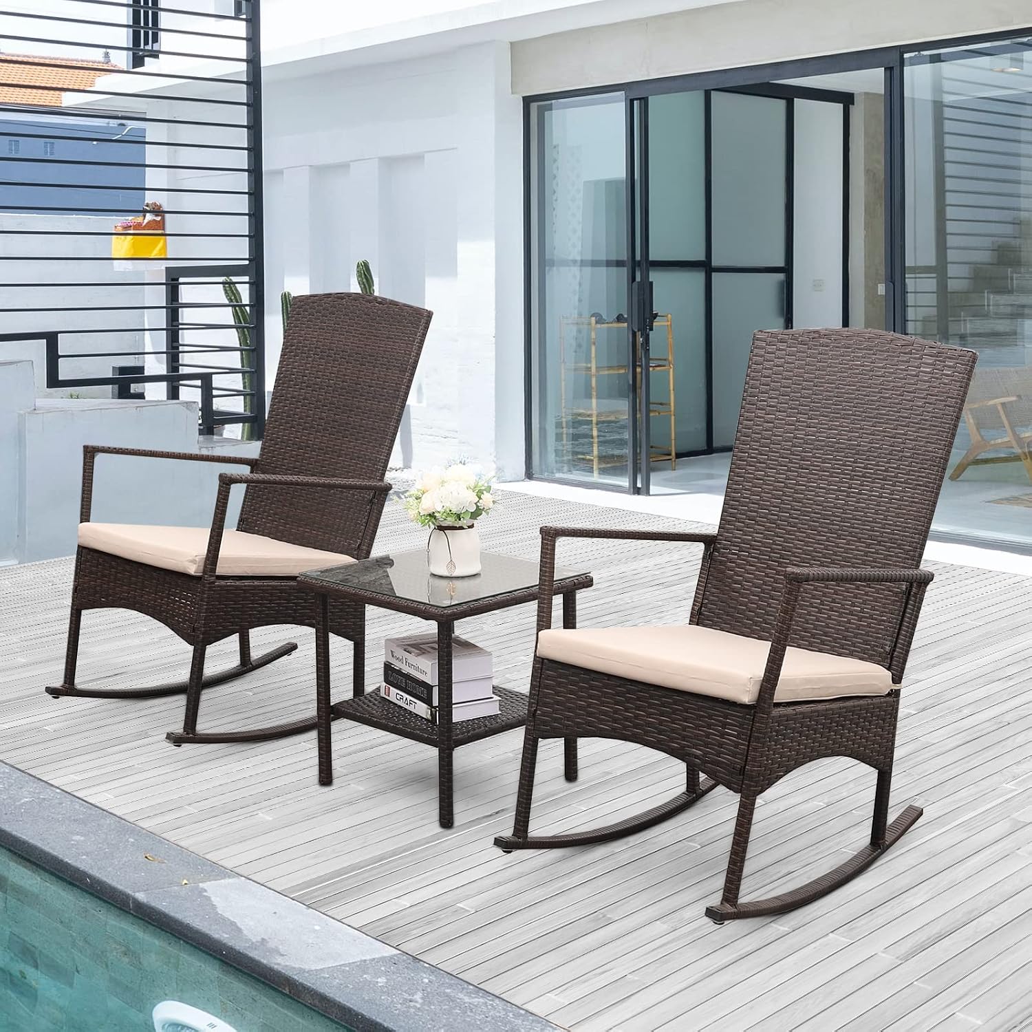 Outdoor HDPE Wicker Rocking Chair 3-Piece Patio Rattan Bistro Set 2 Rocker Armchair and Glass Coffee Side Table Furniture Washable Lacing Cushions, Khaki