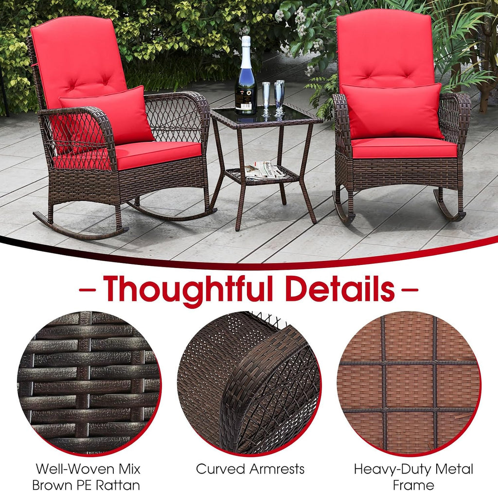 Tangkula 3 Piece Patio Rocker Set, Patiojoy Outdoor Wicker Rocking Chairs w/Double-Layer Coffee Table, Rattan Rocker Chair Set w/Seat Back Cushions & Pillows, for Porch, Backyard, Poolside (Red)