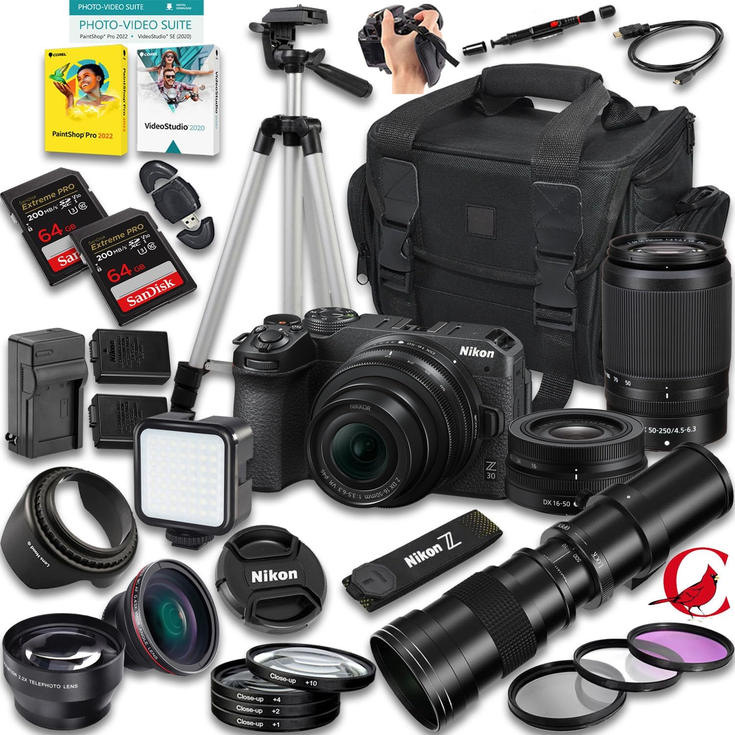 Nikon Z30 Mirrorless Camera with Z DX 16-50mm f/3.5-6.3 VR and 50-250mm f/4.5-6.3 VR & 420-800mm f/8 Lens + 128 GB Memory + Extra Battery + Camera Case + More (33pc Bundle)