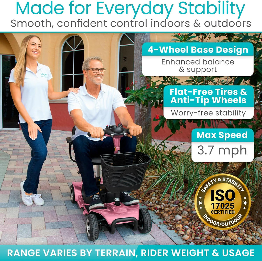Vive 4 Wheel Mobility Scooter - Electric Powered Wheelchair Device - Compact Heavy Duty Mobile for Travel, Adults, Elderly - Long Range Power Extended Battery with Charger Included (Limited Edition)