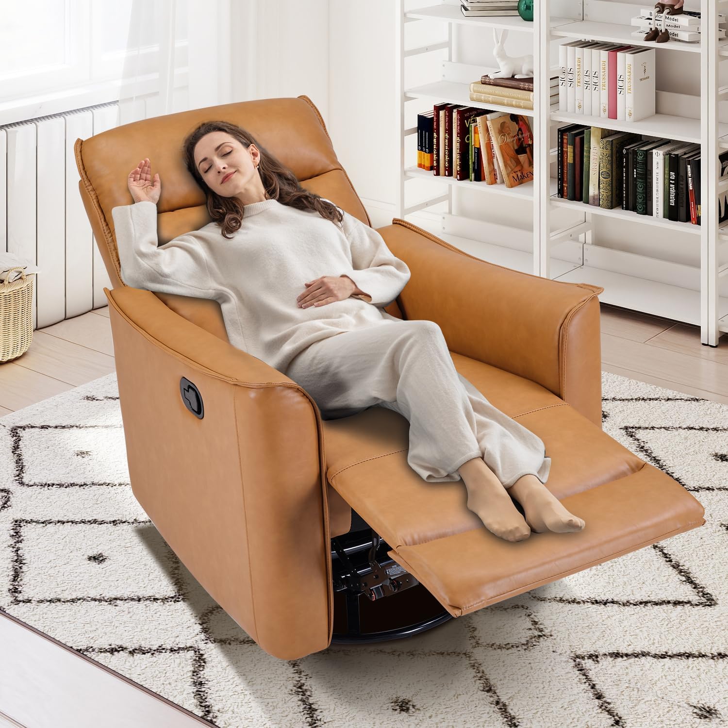 Swivel Rocker Recliner, Glider Rocking Chair, Nursing Chairs Swivel Glider Recliners with Soft Backrest, Leathaire Manual Reclining Sofa for Living Room Bedroom Apartment, Camel