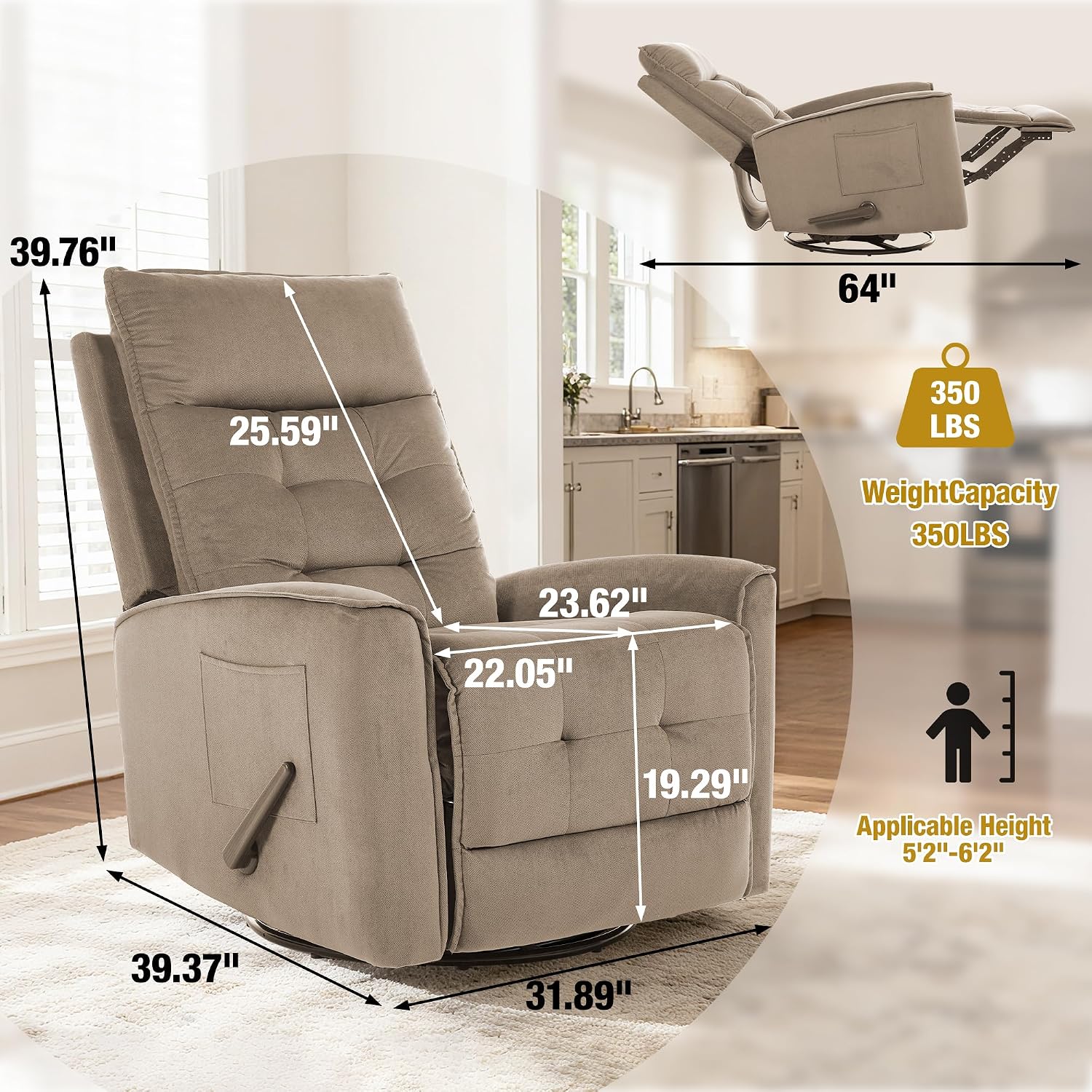 Swivel Rocker Recliner Chair for Adults, Glider Rocking Chair for Nursery, Small Recliner Chair for Small Spaces, RV, Living Room(Brown)