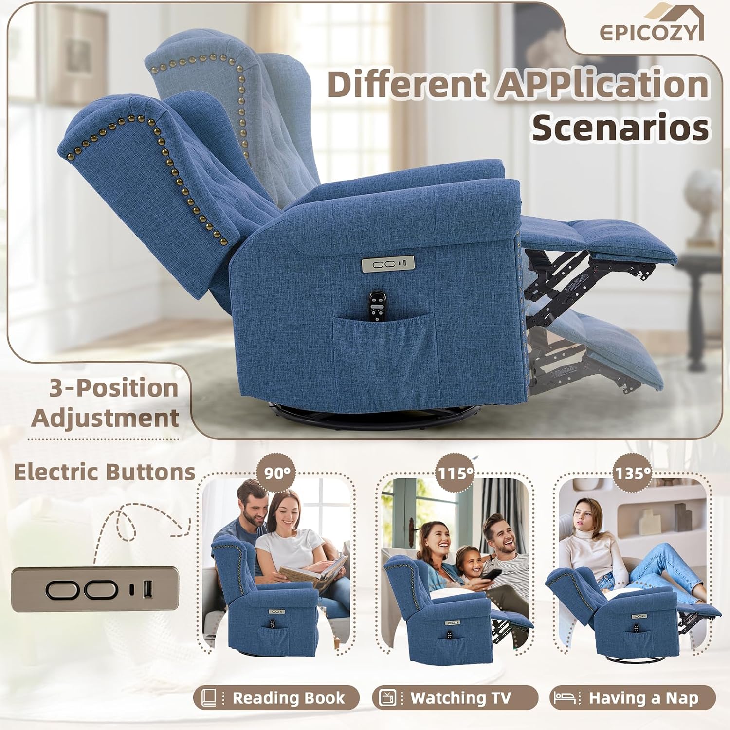 Power Swivel Rocking Glider Recliner Chair with Massage and Heat, Electric Nursery Glider Rocker for Living Room, Wingback Tufted Upholstered Recliner Chair with Type-C & USB Ports, Blue