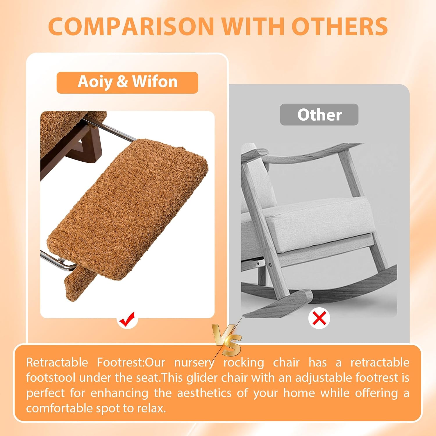 Aoiy & Wifon Rocking Chair Nursery, Modern Nursery Rocking Chairs with Side Pocket & Footrest, Upholstered Rocking Chair Nursery Glider, Boucle, Caramel