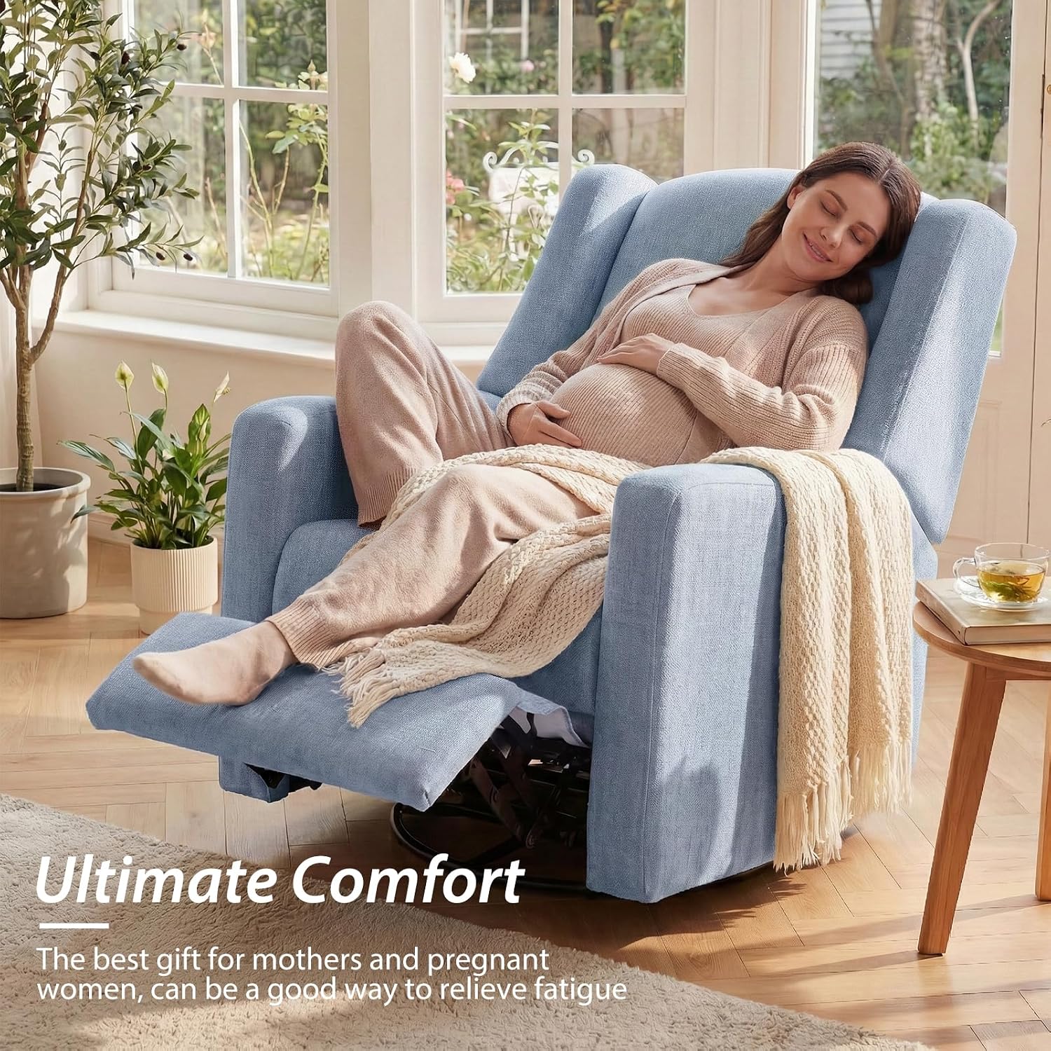 Power Glider Recliner Nursery Chair w/USB Ports, Soft Chenille Glider Rocking Chair for Nursery, Swivel Glider Chair with Lumbar Pillow for Living Room, 2PCS, Blue
