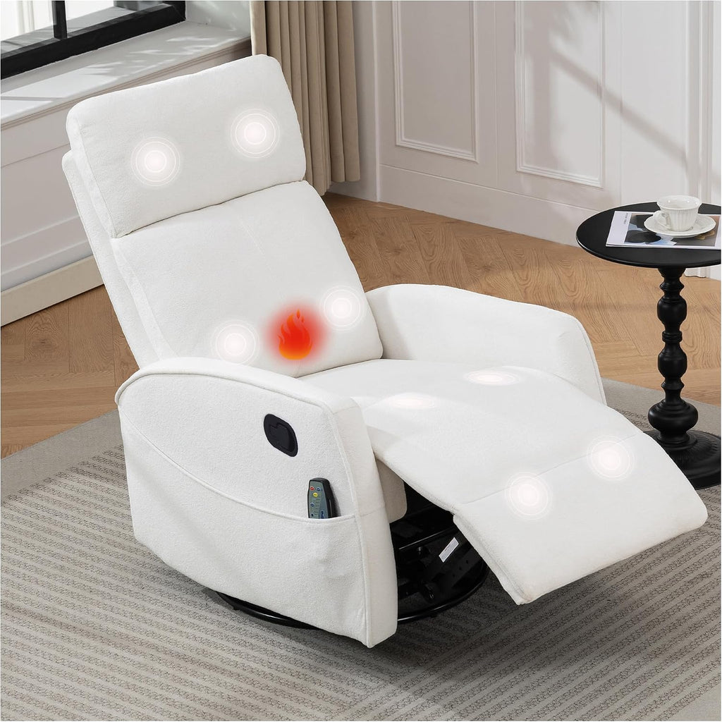 cinkehome Heated Massage Swivel Rocker Recliner Chair for Nursery - Small Space Reclining Chair with Lumbar Support, 360° Swivel & Gentle Rocking, Ergonomic High Back Short Plush Cream White