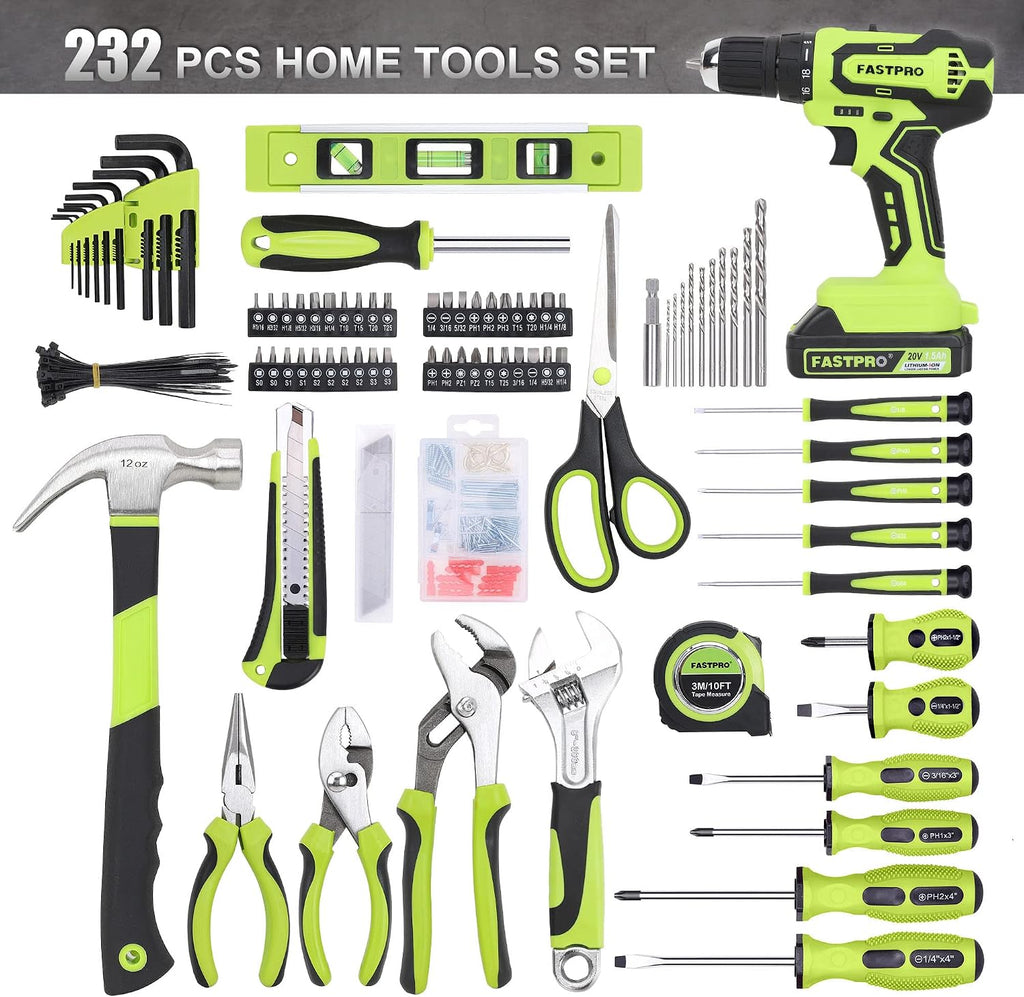 FASTPRO 232-Piece Home Tool Set with Drill, 20V Cordless Drill Driver, Household Repairing Tool Kit with Drill, 12-Inch Wide Mouth Storage Tool Bag Included, Green