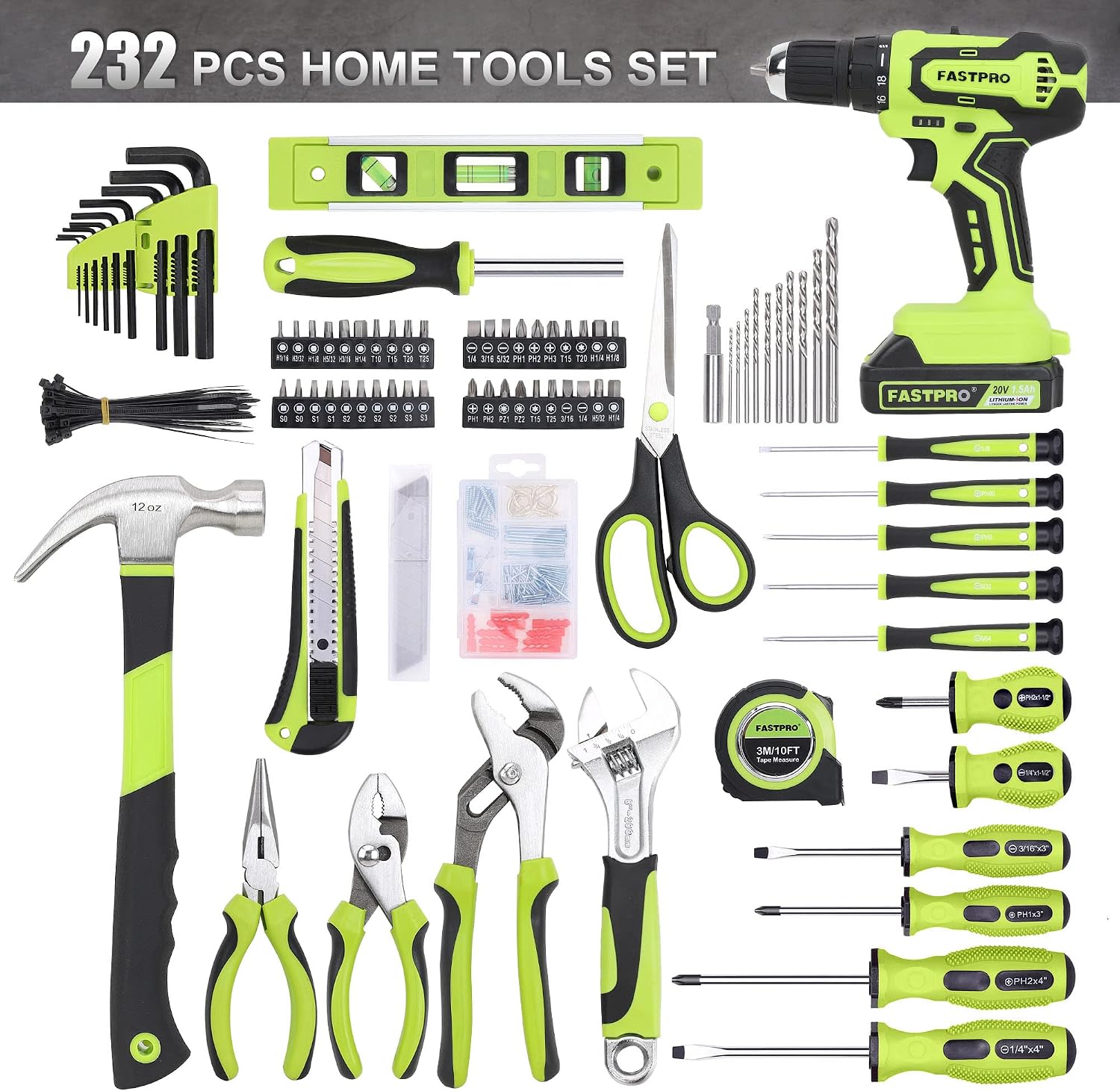 FASTPRO 232-Piece Home Tool Set with Drill, 20V Cordless Drill Driver, Household Repairing Tool Kit with Drill, 12-Inch Wide Mouth Storage Tool Bag Included, Green