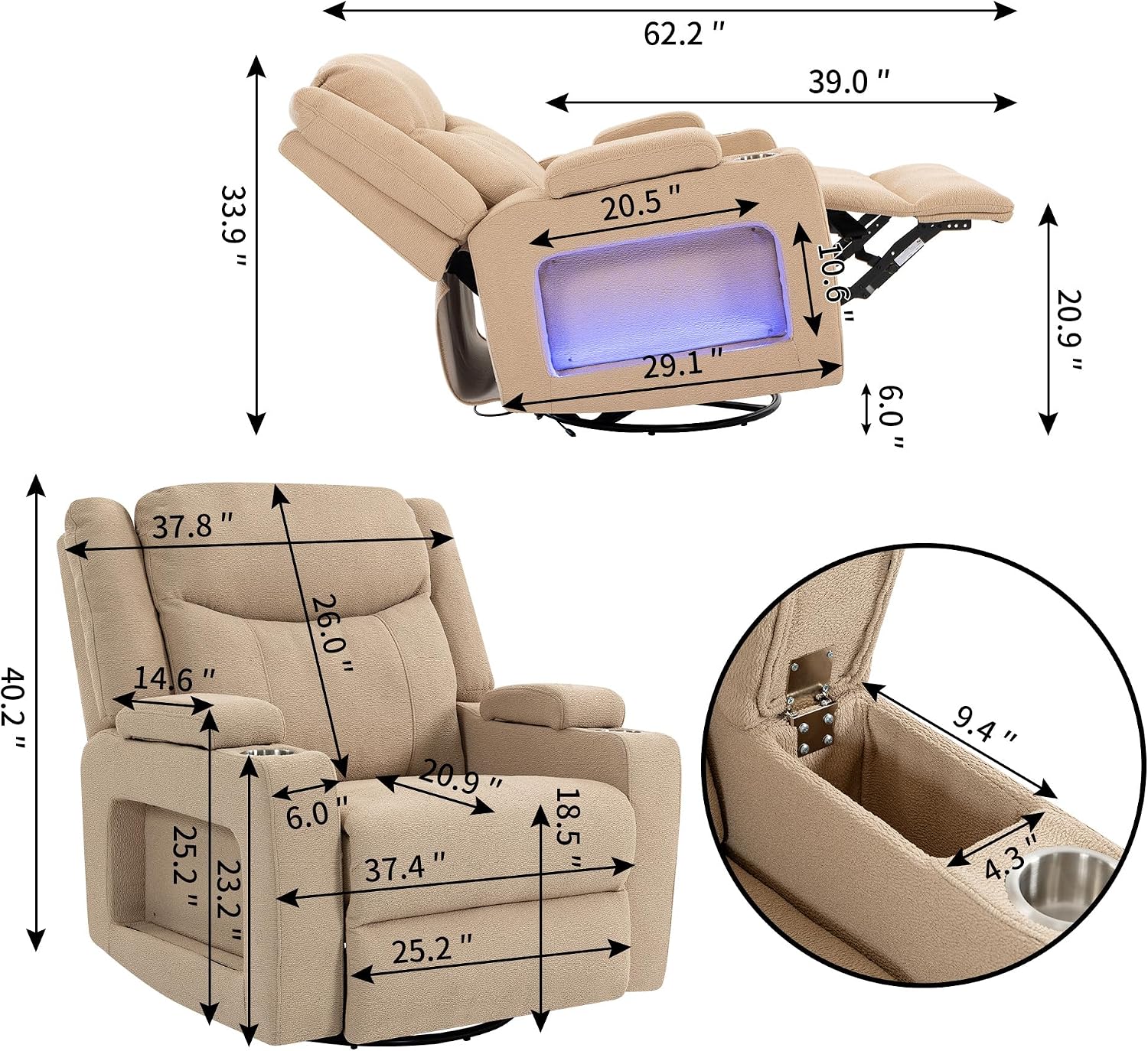 Power Oversized Swivel Rocker Recliner with Dual Motor Adjustable Headrest for Adults, Glider Rocking Chair with Heat Massage, LED Light, USB C Charging, Armrest Storage, Cup Holder