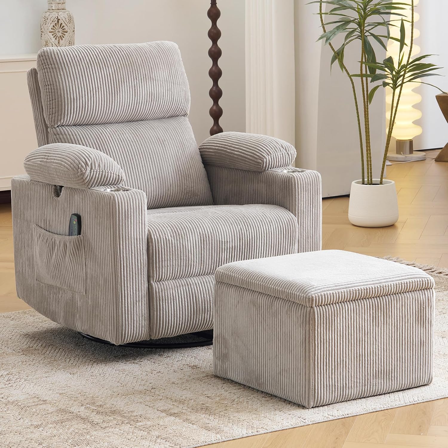 Oversized Power Recliner Chair Swivel Glider with Massage and Heat, Swivel Rocker Recliner with Adjustable Armrests, 26' Wide Nursery Chair with Storage Ottoman, Rocker Nursery Recliner,Corduroy Grey