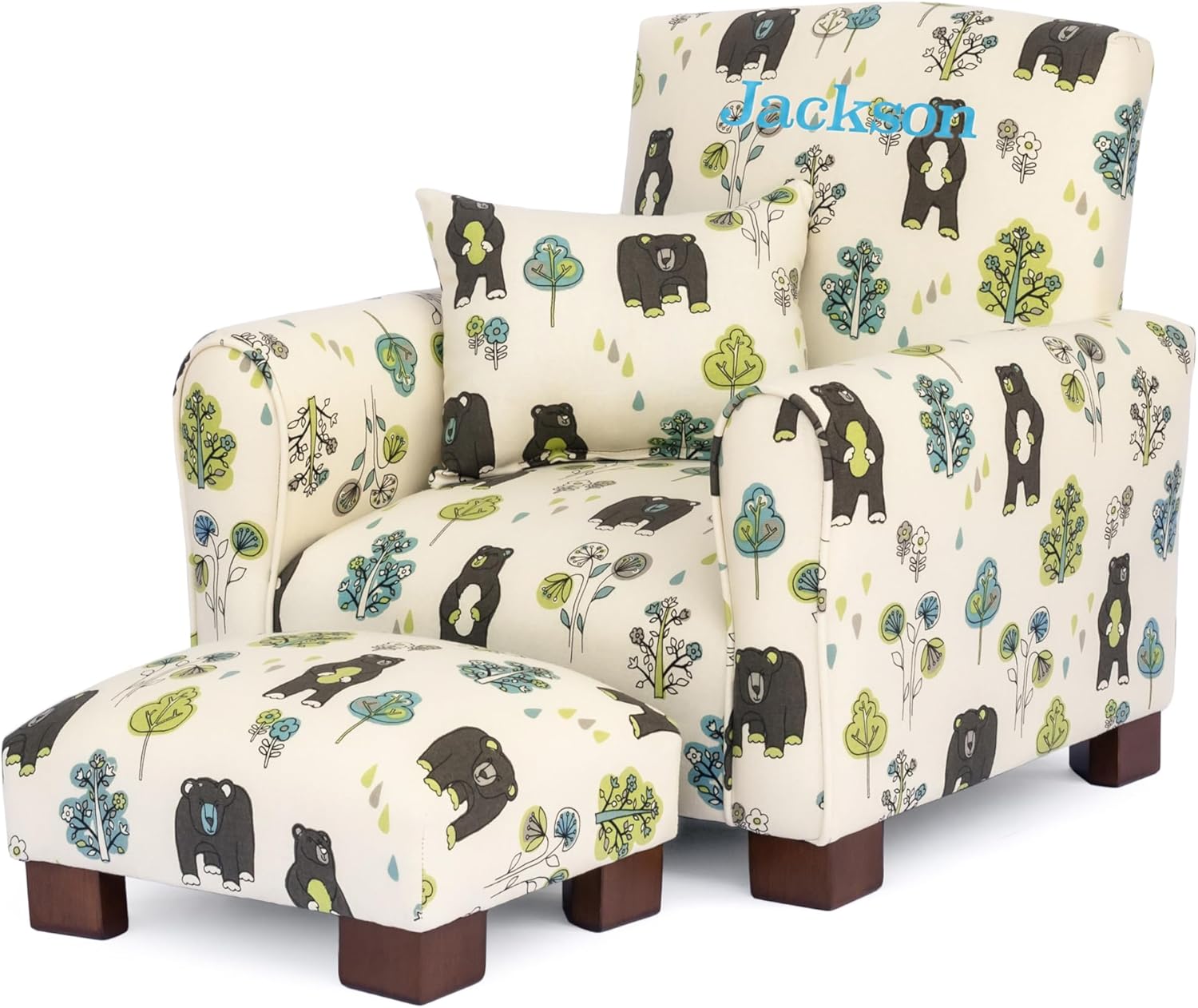 Toddler Personalized Armchair, Kids Upholstered Rocking Chair with Personalization, Toddler Chair with Personalized Name, Comfy Child Armchair, (Bears & Trees Print, Legs)