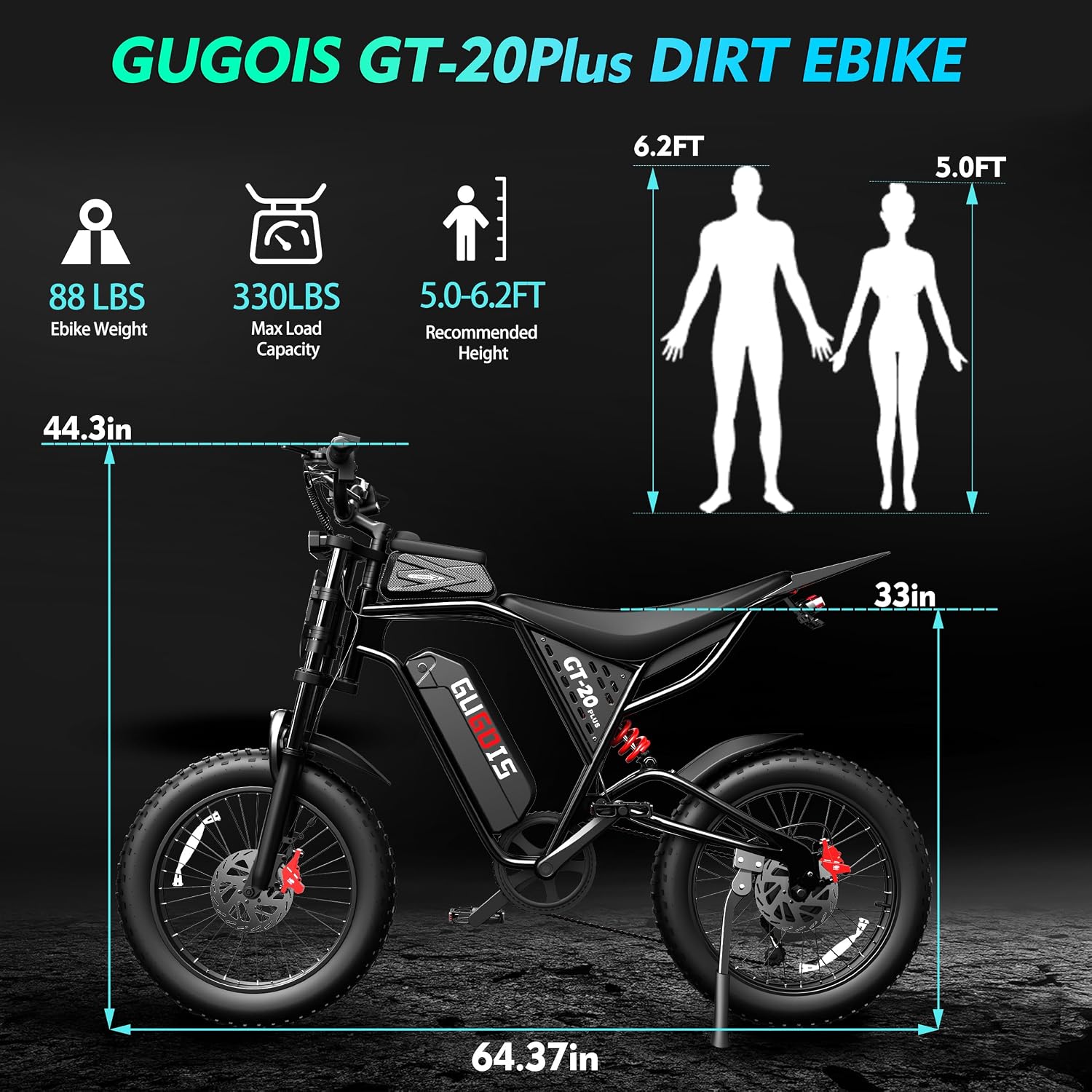 Rakowe Electric Bike for Adults, 2000W Peak Motor, 20' Fat Tire Electric Dirt Bike, 48V Removable Battery, Up to 34MPH & 80 Miles, Hydraulic Disc Brakes, Full Suspension, 7-Speed Ebike