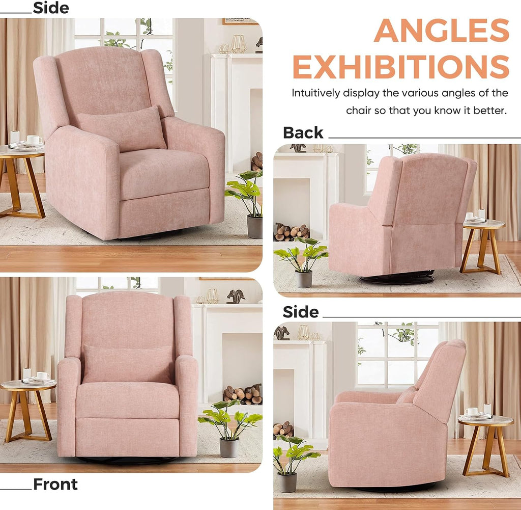 Power Recliner Chair Swivel Glider, Large Nursery Glider w/USB Charging Port, Chenille Upholstered Rocker Recliner for Bedroom,Nursery,Living Room,1PC,Coral Pink