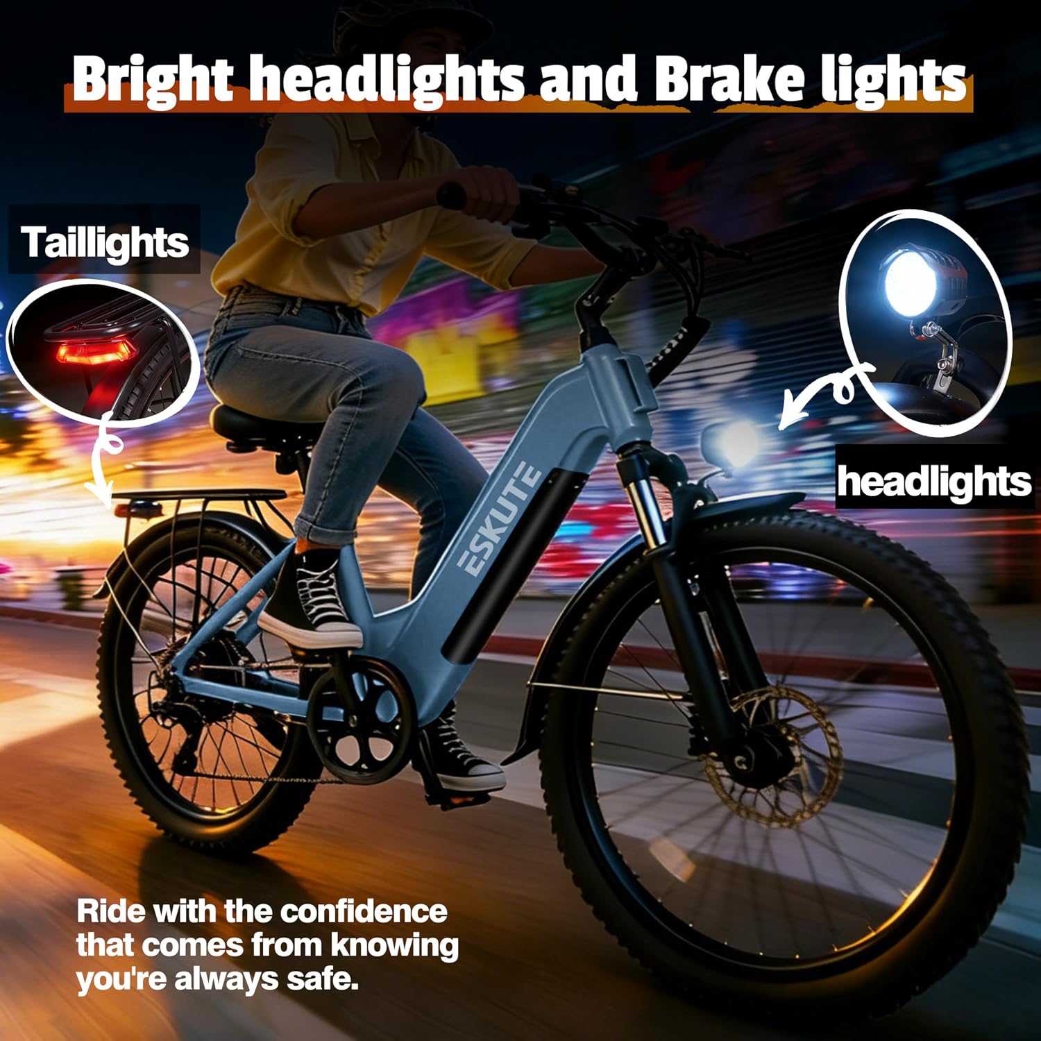 ESKUTE Electric Bike for Adults-1300w Peak Ebike, 28MPH Step Thru Electric Bicycle，70Miles 840 WH Removable Battery e-Bike, 7-Speed 26'' tire, Adjustable Stem,