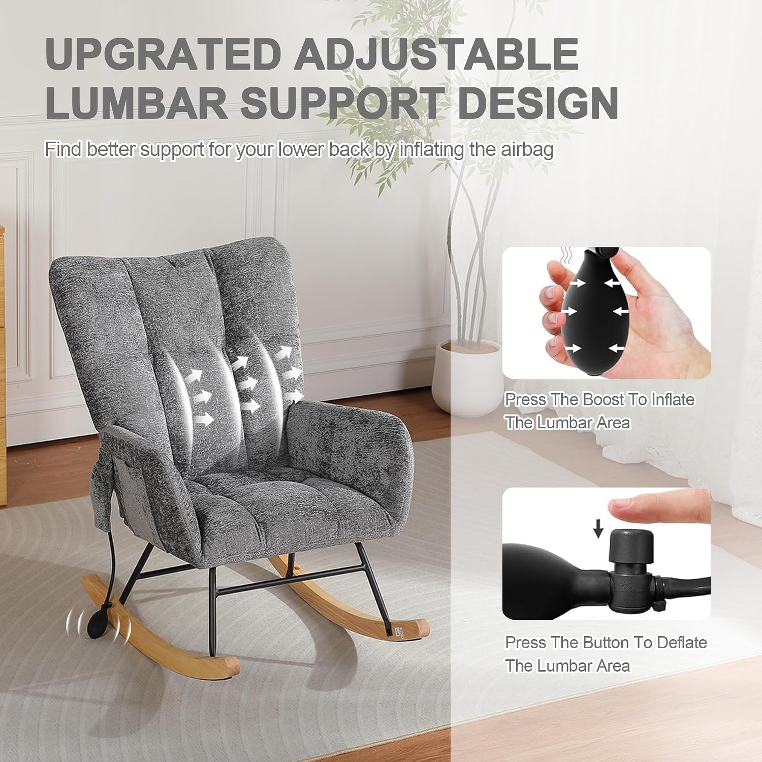 Rocking Chair Nursery with Airbag, Comfy Nursery Rocking Reading Chair Indoor, Cozy Upholstered Glider Rocker Chairs for Living Room Bedroom Offices, Sillas Mecedoras(Chenille, Dark Grey)