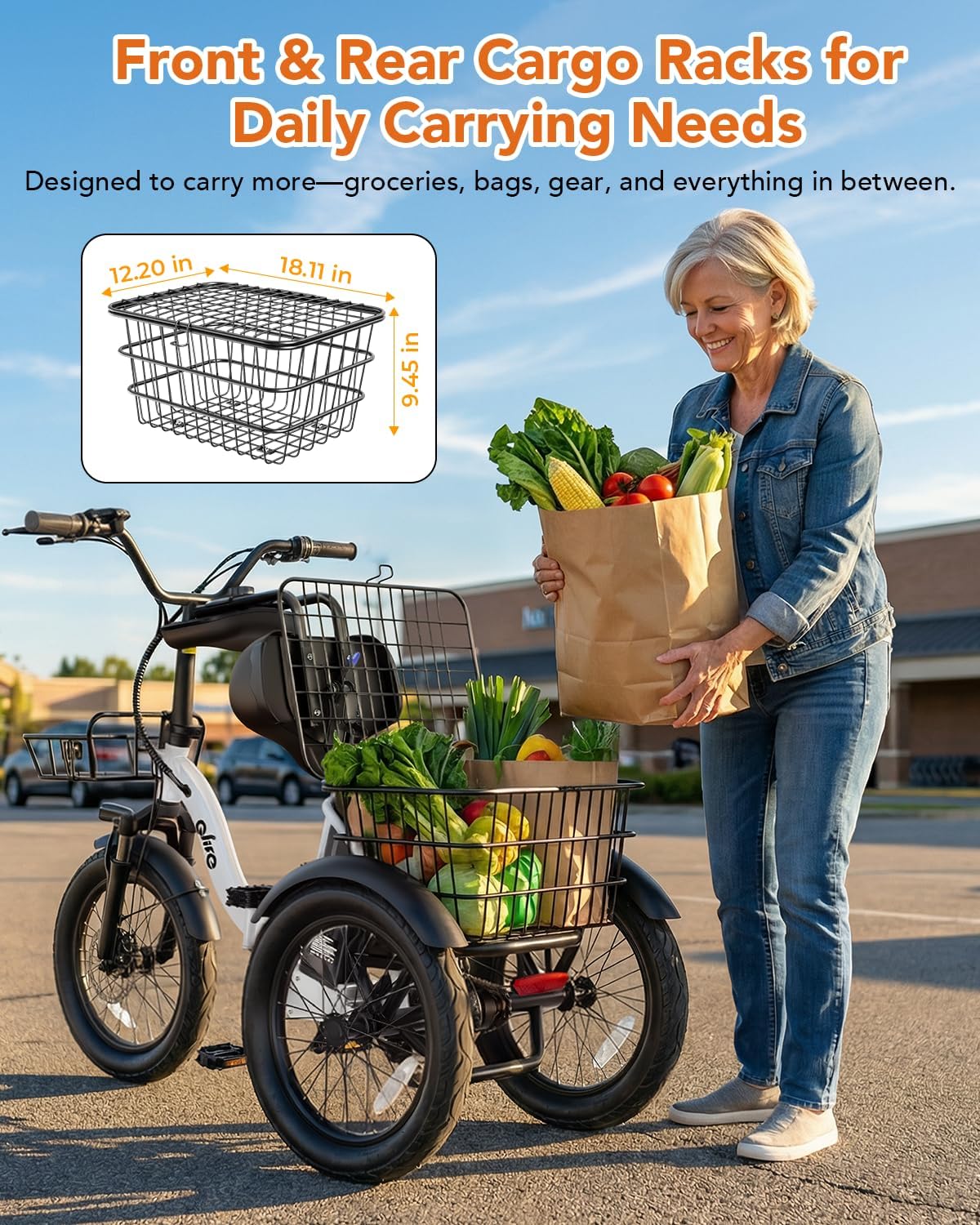 Qlife Triker Electric Bike, Peak 1200W Brushless Motor Folding Trike Ebike, 499Wh Removable Battery, Step-Thru 3 Wheel Electric Bicycle, Up to 55 Miles, 18 Tire Tricycle for Adults