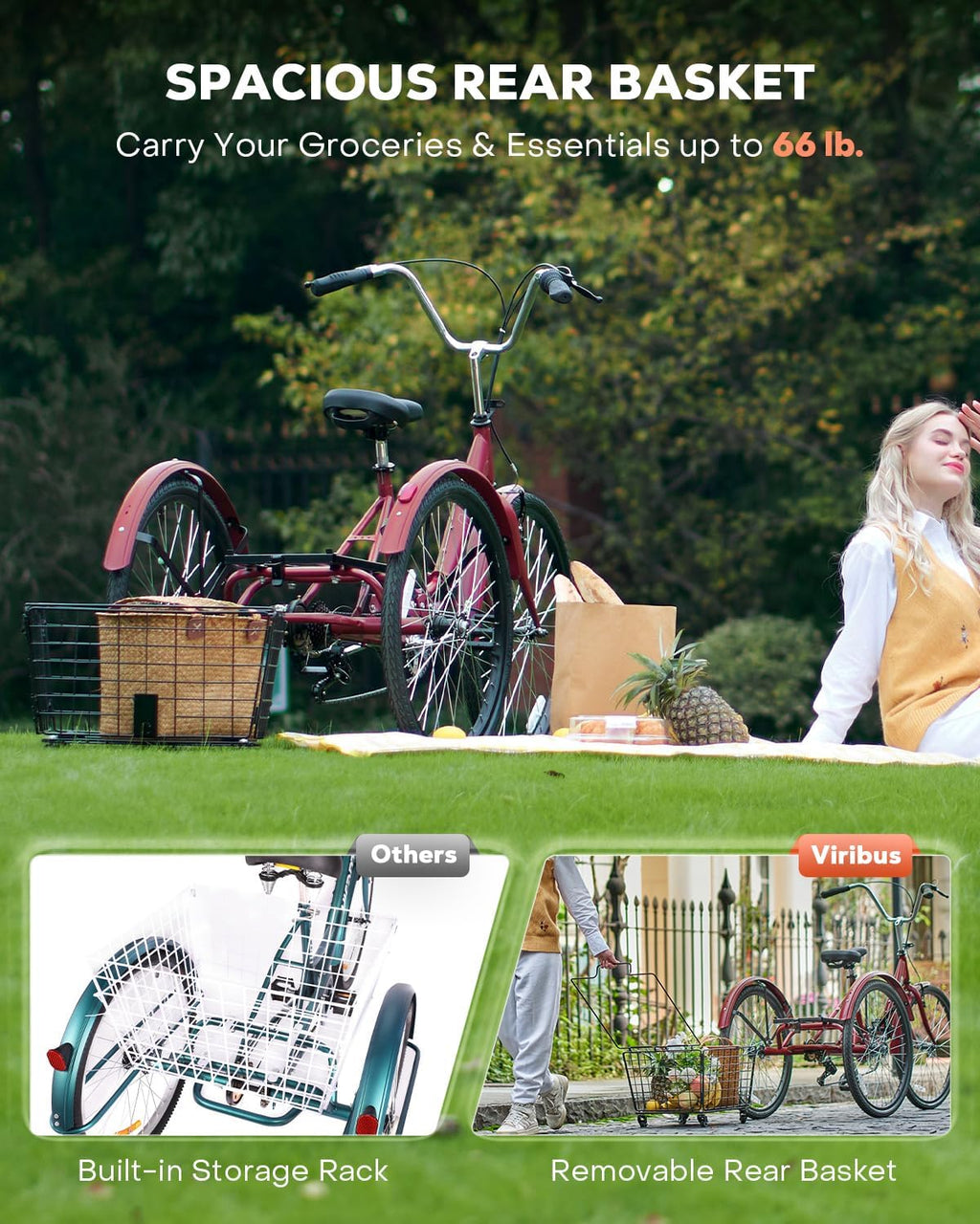 VIRIBUS Folding Tricycle for Adults, 7 Speed Foldable Adult Tricycle with Removable Wheeled Basket, Folding 3 Wheel Bikes for Women Men Seniors 24 26 inch, Collapsible Three Wheeler Trike 330 LB.
