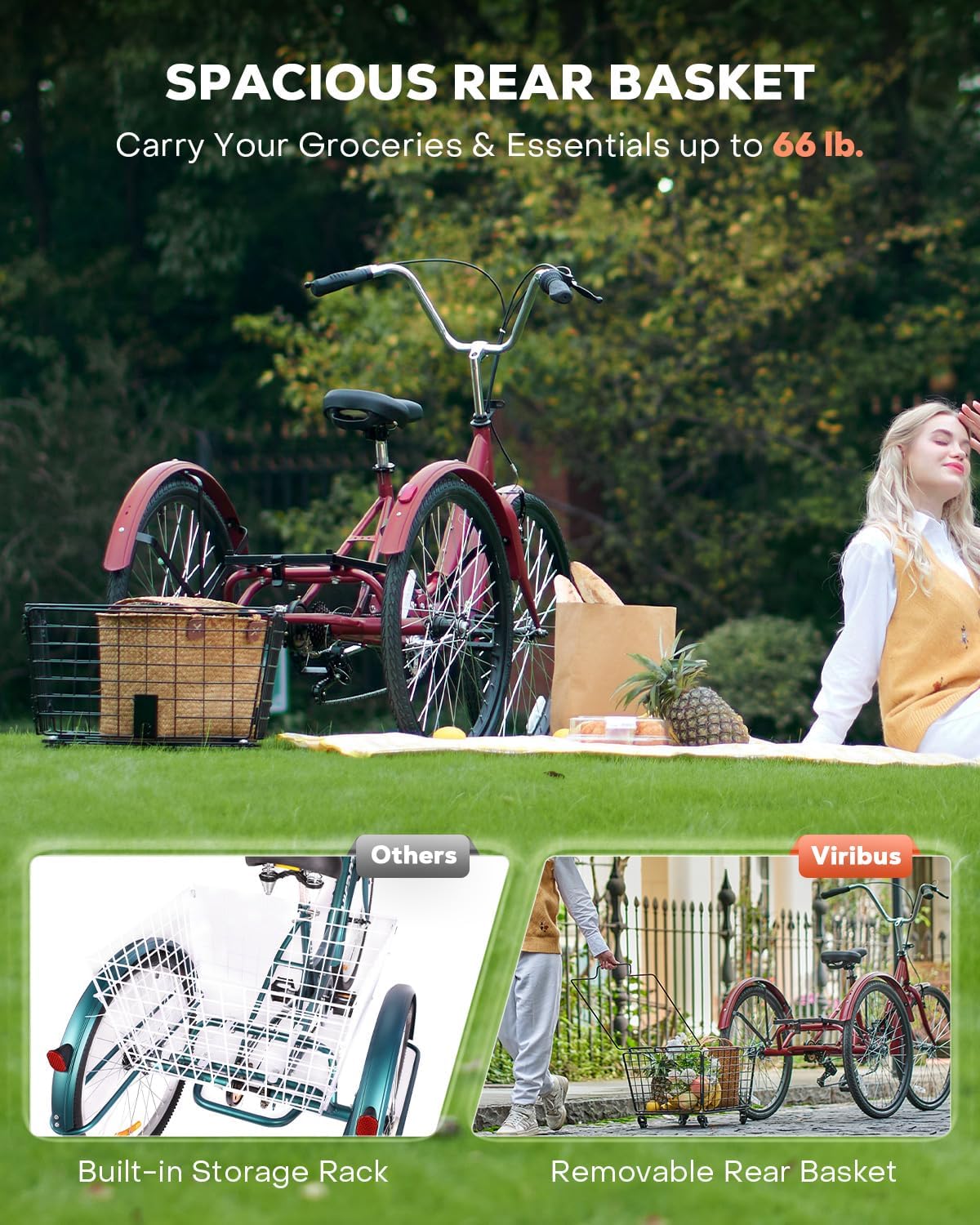 VIRIBUS Folding Tricycle for Adults, 7 Speed Foldable Adult Tricycle with Removable Wheeled Basket, Folding 3 Wheel Bikes for Women Men Seniors 24 26 inch, Collapsible Three Wheeler Trike 330 LB.