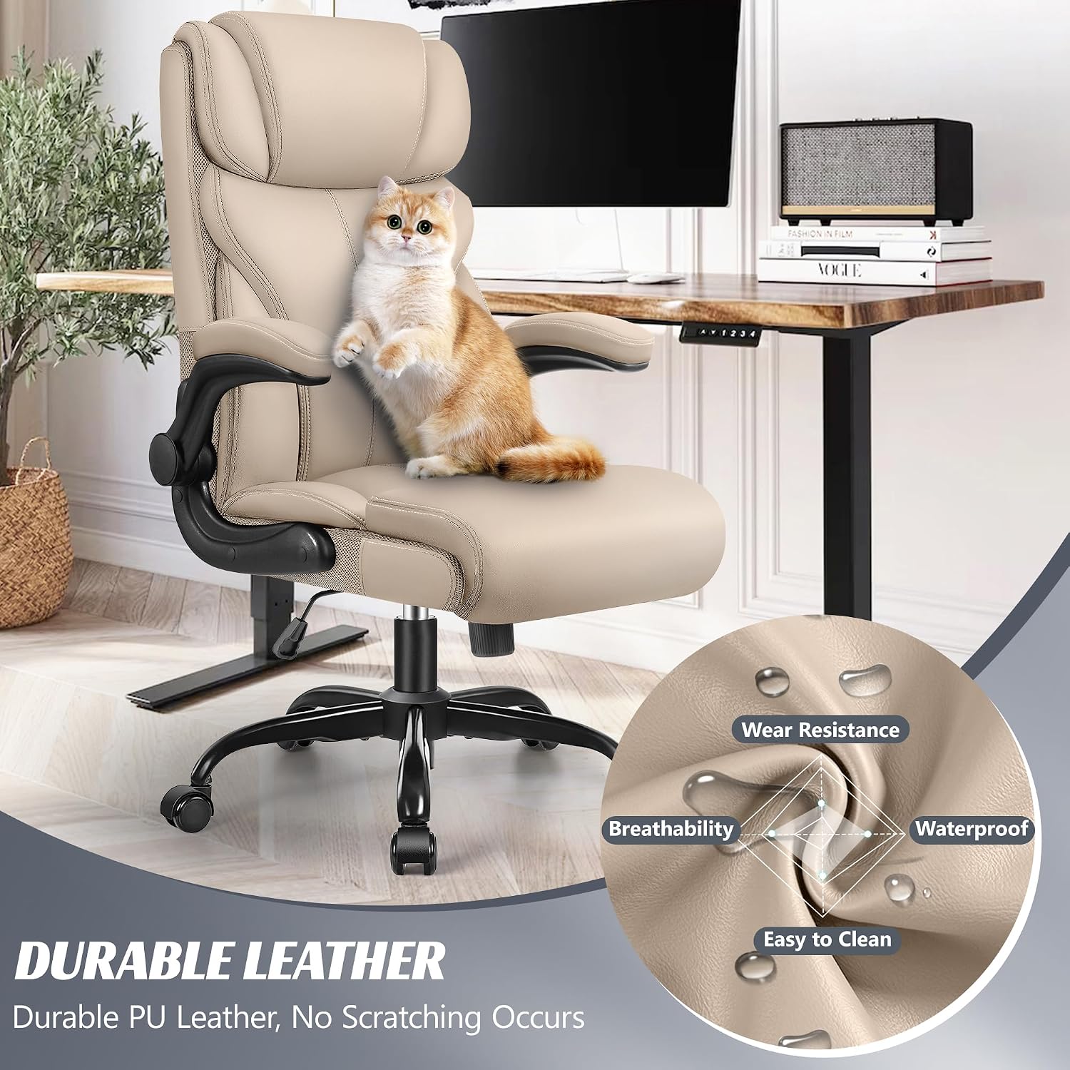 HeroSet Office Chair, Ergonomic Big and Tall Computer Desk Chairs, Executive Breathable Leather Chair with Adjustable High Back Flip-up Armrests, Lumbar Support Swivel PC Chairs with Rocking Function
