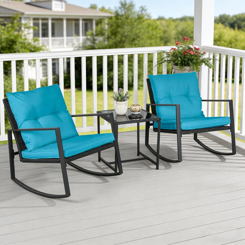 SUNCROWN 3 Piece Outdoor Rocking Bistro Set Black Wicker Furniture Porch Chairs Conversation Sets with Glass Coffee Table, Light Blue