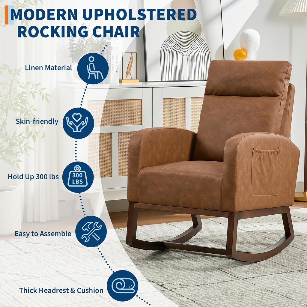 Modern Nursery Rocking Chair,PU Leather Upholstered Glider with 26' High Backrest, Padded Seat for Living Room, Bedroom, Reading