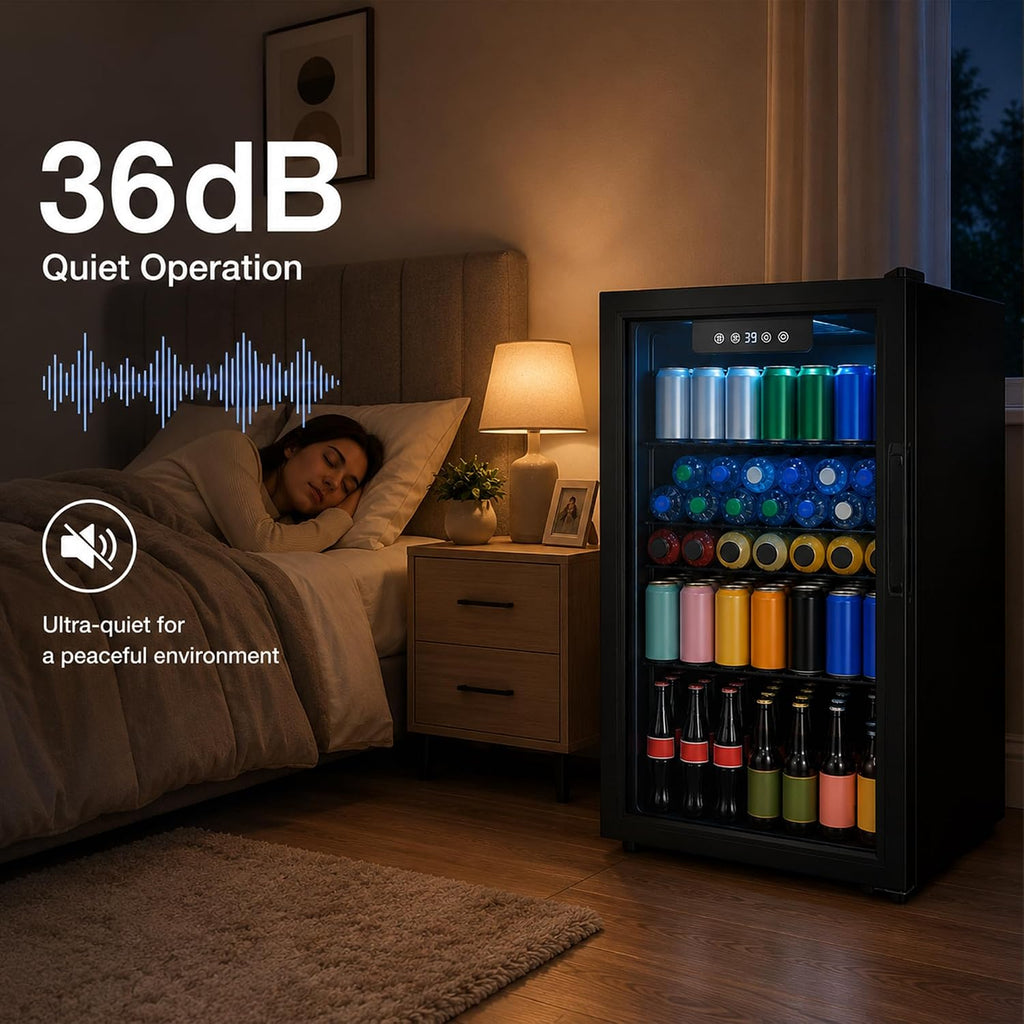 3.3 Cu Ft Beverage Refrigerator, 126 Can Mini Fridge with Glass Door, Digital Temperature Control, Quiet Beverage Cooler Fridge for Beer Soda Wine, Air Cooling for Home Office Bar