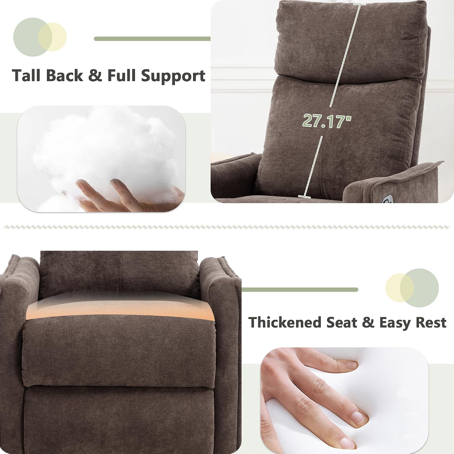 cinkehome Swivel Rocker Recliner, Glider Rocker Recliner Chair for Nursery, Manual Reclining Chair with Heated Massage, Small Spaces, Living Room, Linen Brown