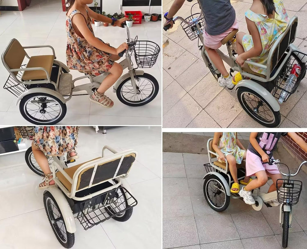 3 Wheels Bicycle,Rickshaw Tricycle with Pedals,Tandem Trike with Back seat,seat with Belt and armrest,Front and Rear Wheel Brakes,Outdoor Cruiser Bike,Pneumatic tire Spoke Wheels