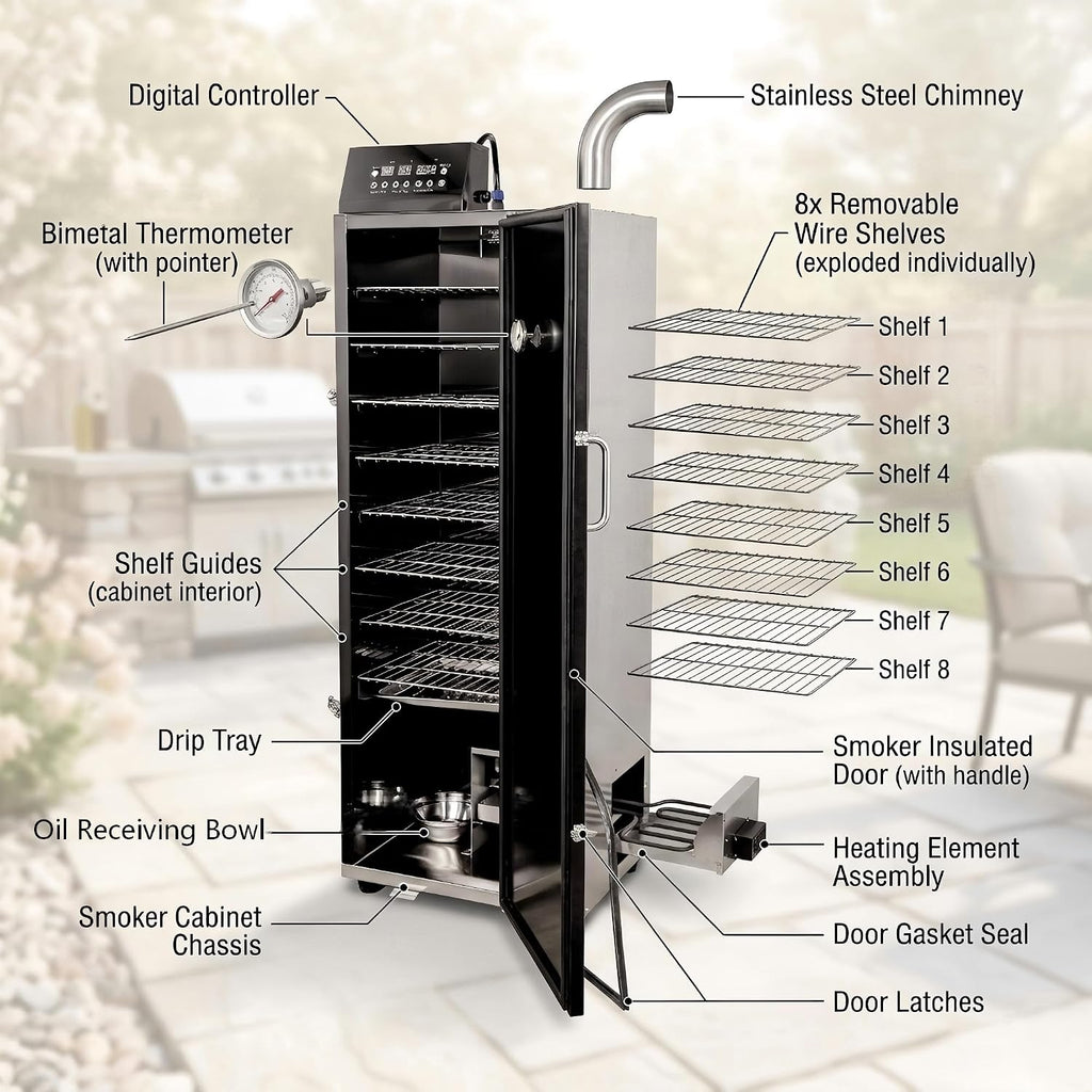 CLIVIA 8-Layer Electric Smoker with Side Wood Chip Loader, 1600W Vertical Digital BBQ Smoker Oven, 0-24H Timer & 86-257°F Temp Control, Large Capacity Meat Smoker for Jerky, Sausage, Fish (DSH-S45E)