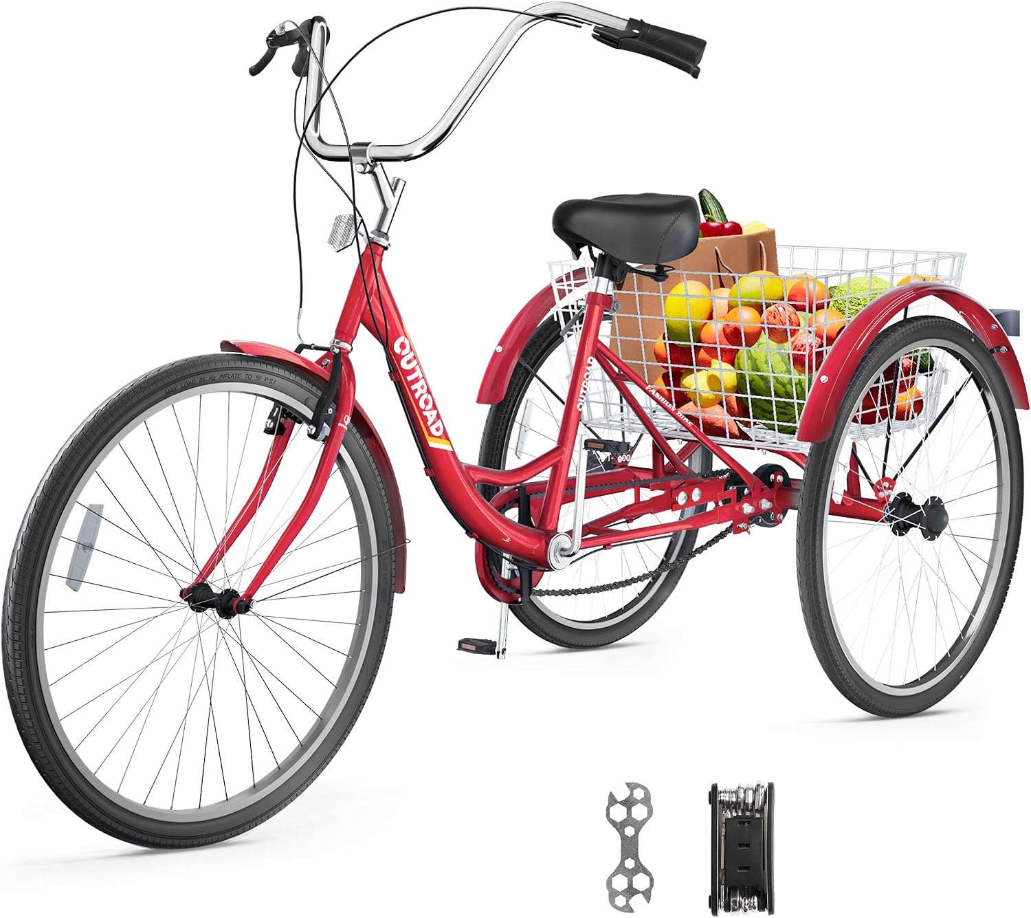 Outroad Adult Tricycle, 24/26 inch 1 Speed Cruiser Trike, 3 Wheel Bikes with Large Basket for Seniors, Women, Men, Adult Trikes for Shopping Picnic Outdoor Sports,Red Blue