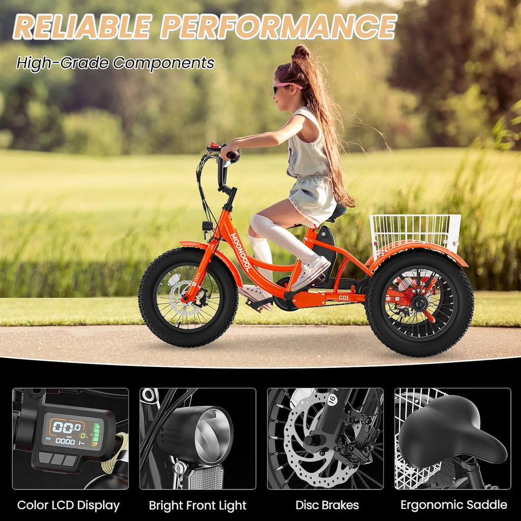 MOONCOOL 16'×3' Youth Electric Trike, 250W Fat-Tire 12MPH 3-Wheel eBike for Boys & Girls, Aluminum Frame, Removable Battery/Basket, Up to 35-Mile Range