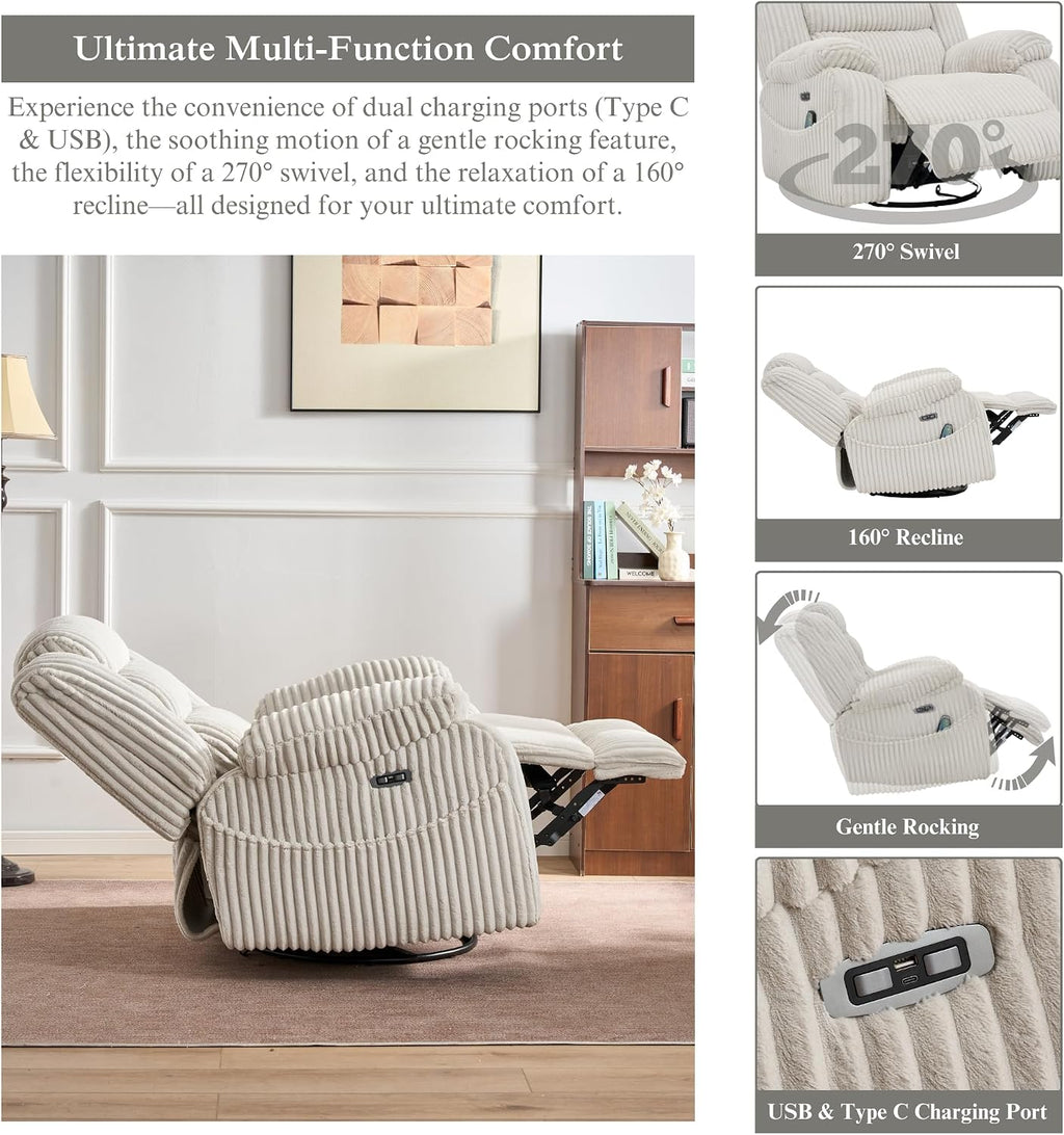 JUUXO Extra Wide Power Swivel Rocker Recliner for Adults with Heat Massage, USB & Type-C Charging, Electric Glider Rocking Chair for Living Room Nursery Bedroom Office