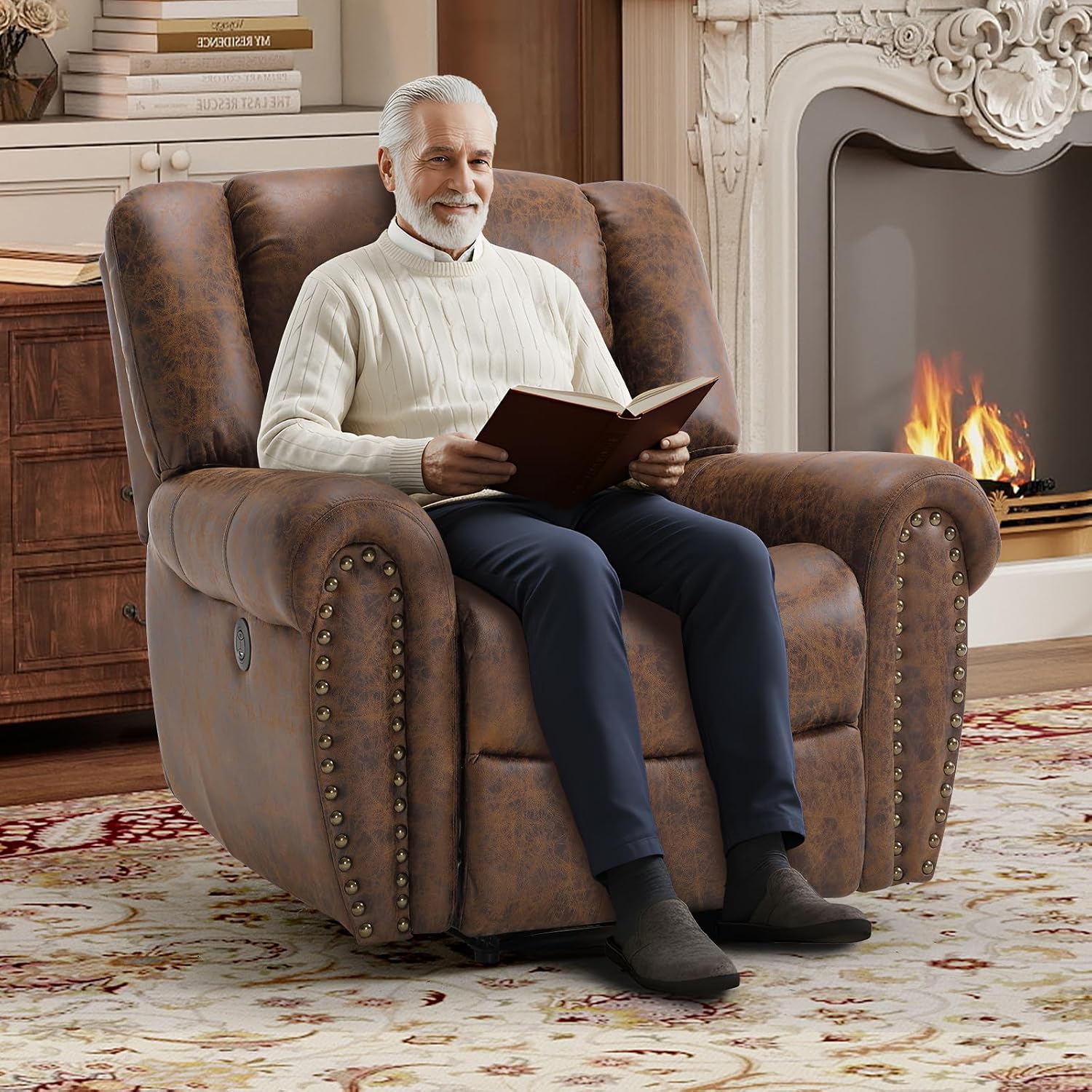 Bonzy Home Power Recliner Chair, Soft Faux Leather Recliner Chair with Thickened Padding and USB&Type-C Charging Ports, Classic Heavy Duty Single Reclining Sofa for Living Room, Nut Brown