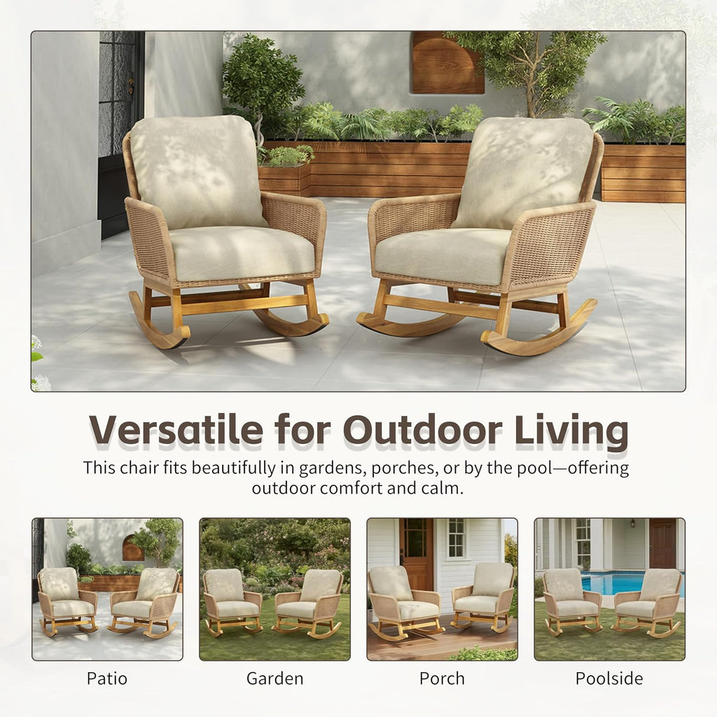 Christopher Knight Home Nadine Patio Rocking Chairs Set of 2, Wicker Rocker, Wood Rocking Chair, PE Rattan Wick Chair, Rocking Chair with Cushions, Comfort Wicker Rocker for Backyard Balcony, Beige