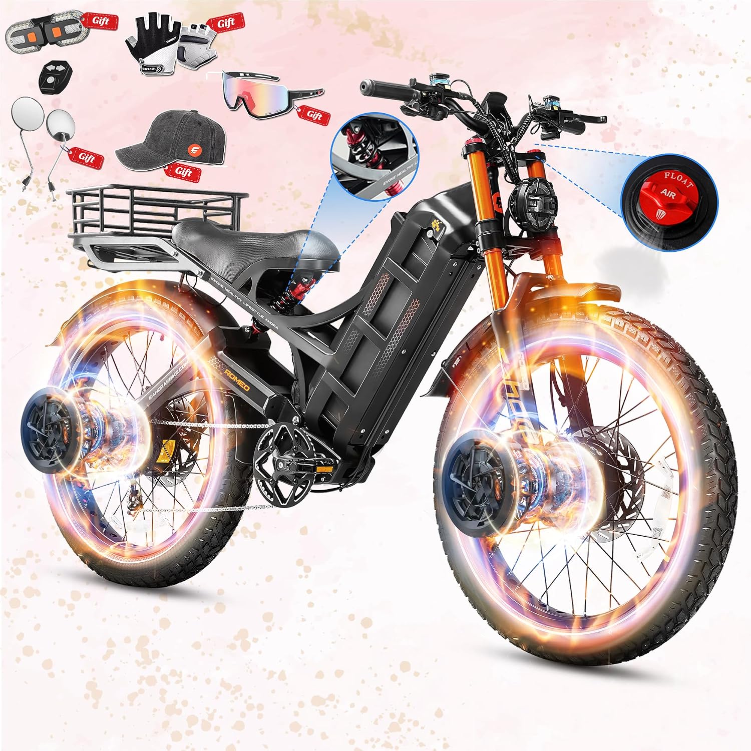 eAhora 2026 Romeo Pro 3/2 50-46Mph Electric Bike for Adults 5600W/4000W/2500W Dual Motor Ebike 60V/80Ah 52V/70Ah Long Range Fat Tire Full Suspension Electric Mountain Bicycle