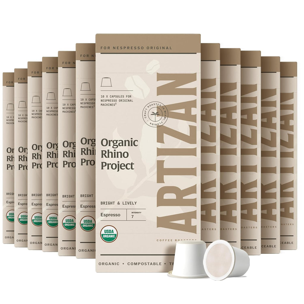 Artizan Coffee USDA Organic Espresso Coffee Capsules For Nespresso Original | Rhino Project | 120 Compatible Compostable Pods