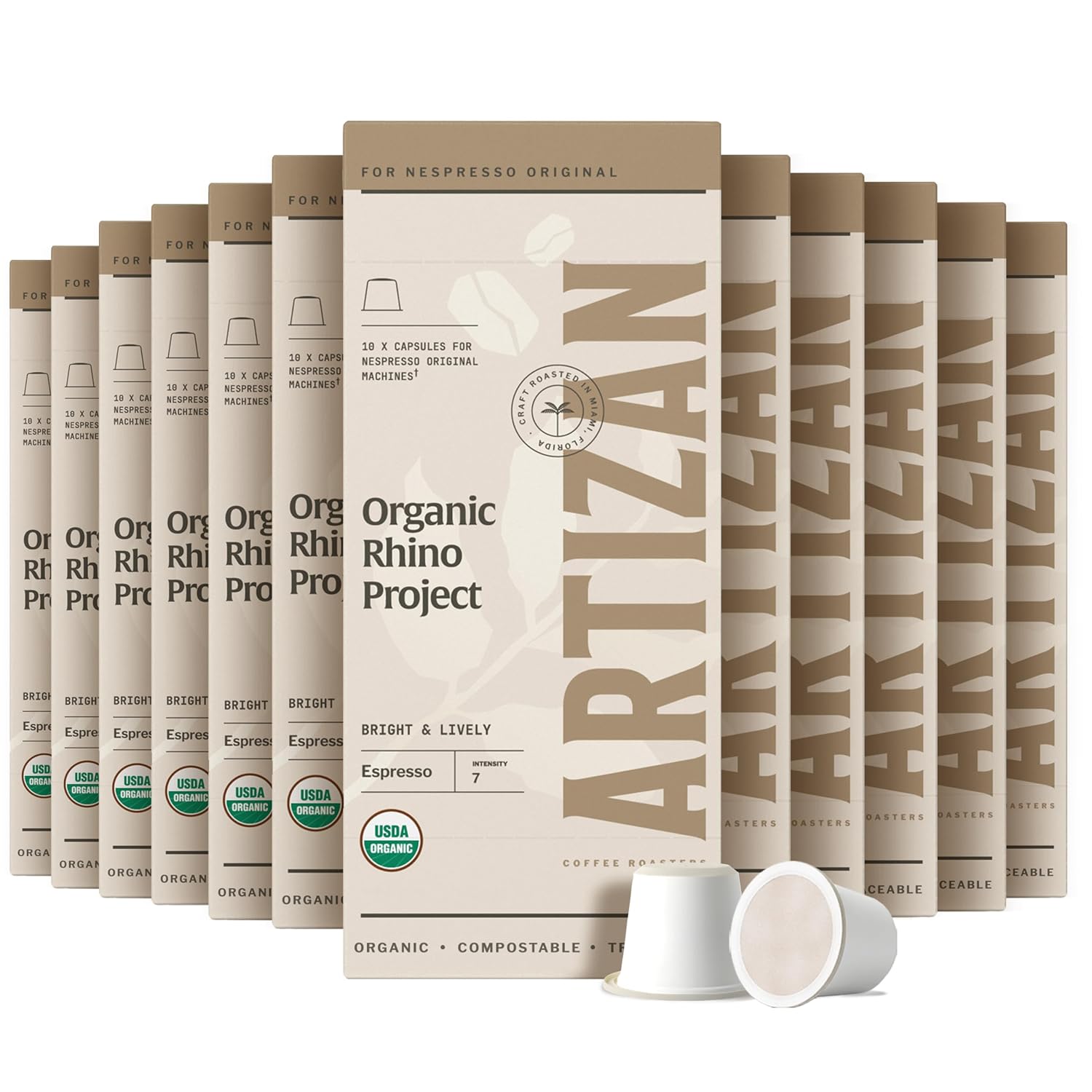 Artizan Coffee USDA Organic Espresso Coffee Capsules For Nespresso Original | Rhino Project | 120 Compatible Compostable Pods
