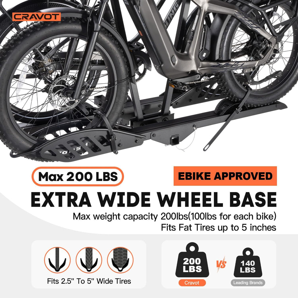 CRAVOT CyberRack E2 Hitch 2 EBike Rack with Ramp, 200 lbs Capacity Electric Bike Carrier Foldable Platform Mount, Up to 5-inch Fat Tire Bicycle for 2'' Receiver Cars Trucks SUVs Minivans RV, Trailer