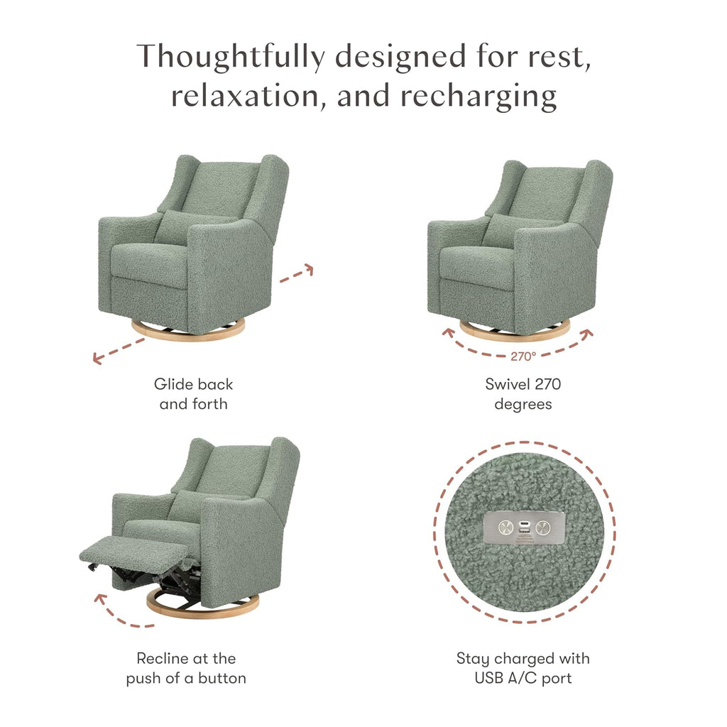 Babyletto Kiwi Power Recliner - Swivel Nursery Glider w/USB Port - Electric Recliner Chairs for Adults - GREENGUARD Gold Certified, 270° Reclining Rocking Chair for Nursery - Sage Teddy Loop Fabric