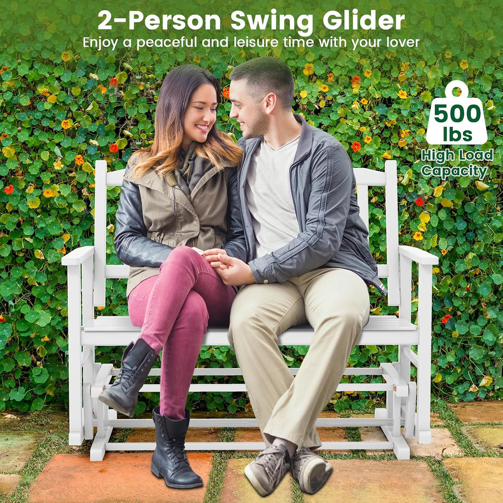 Giantex Outdoor Glider Bench Chair - 2 Person Loveseat, Porch Rocking Glider with Safe & Gentle Gliding, Solid Wood Frame, Slatted Seat, Curved Backrest, 500 Lbs Weight Capacity, Patio Glider (White)