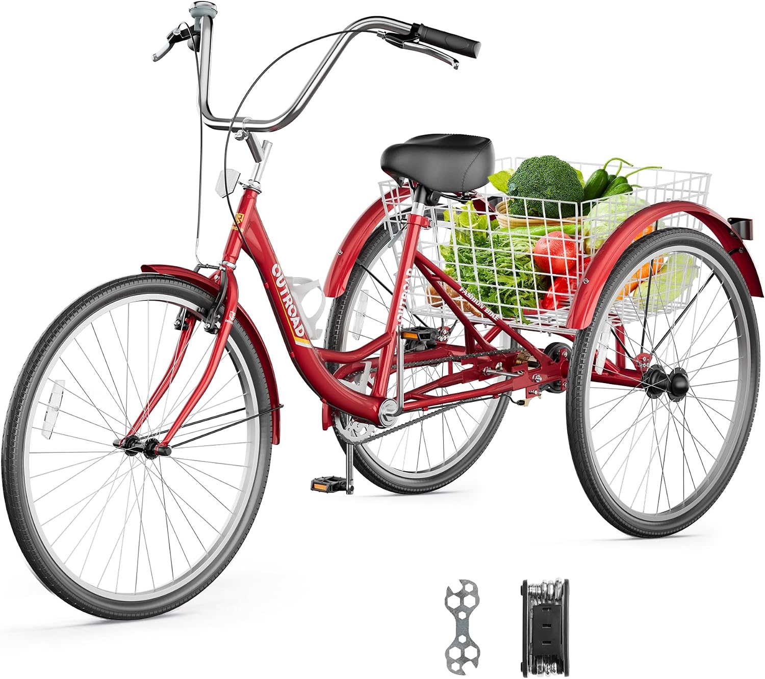 1 Speed Adult Tricycle, 24 Inch 3 Wheel Bikes with Large Basket, Cruiser Bike for Women/Men/Seniors, Adult Trike for Outdoor/Shopping/Recreation/Picnic (Red)