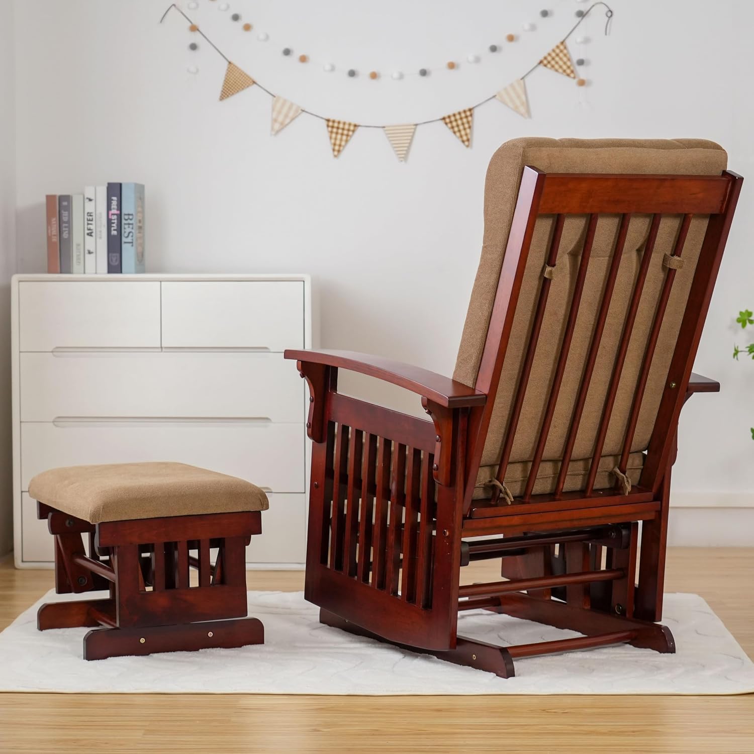 Glider with Ottoman Smooth Glider Rocking Chair, Nursery Glider with Ottoman Smooth Rocking Motion, Solid Hardwood Base, Easy Assembly for Living Room Bedroom (Brown)