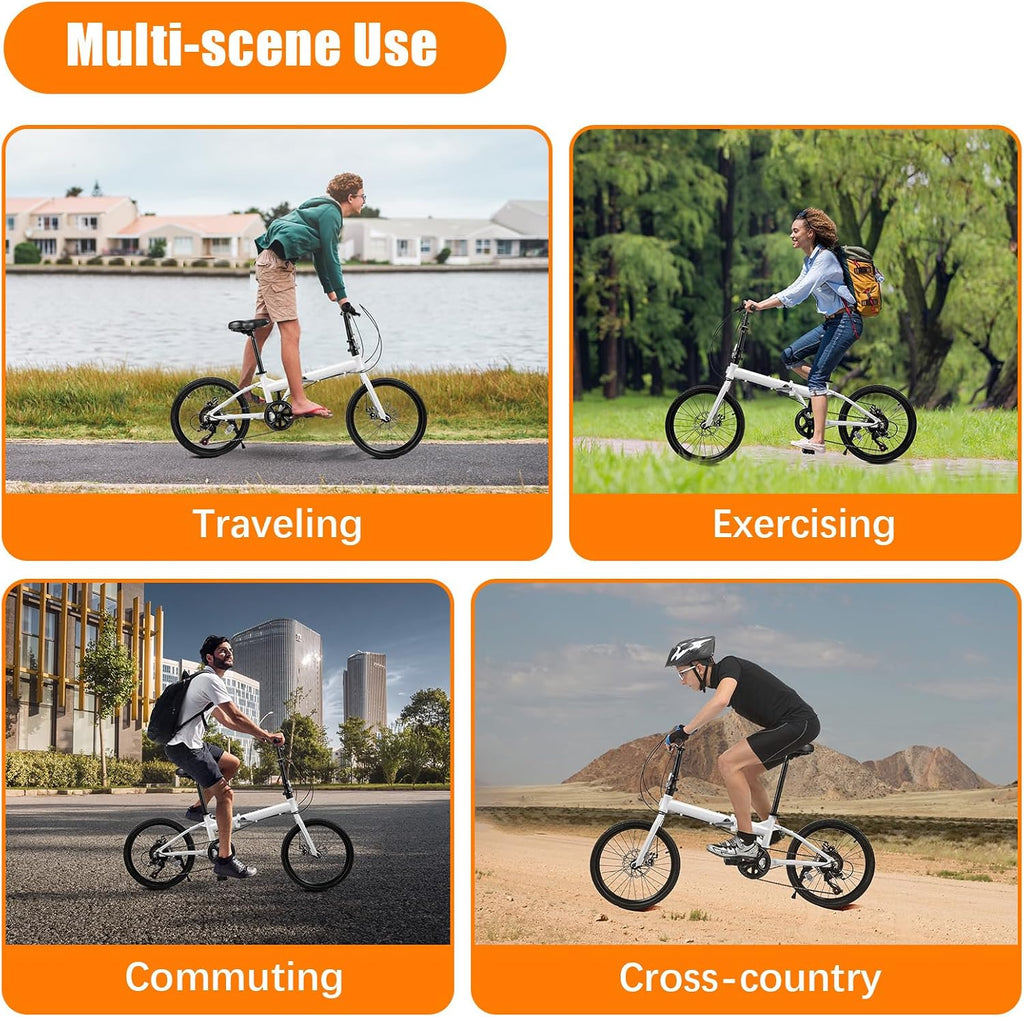 Folding Bike, Foldable Bicycle with 7 Speed Gears 20-inch Wheels Easy Folding City Bicycle with Dual Disc Brakes for Adult, Teenager, Traveling, Exercising, Commuting
