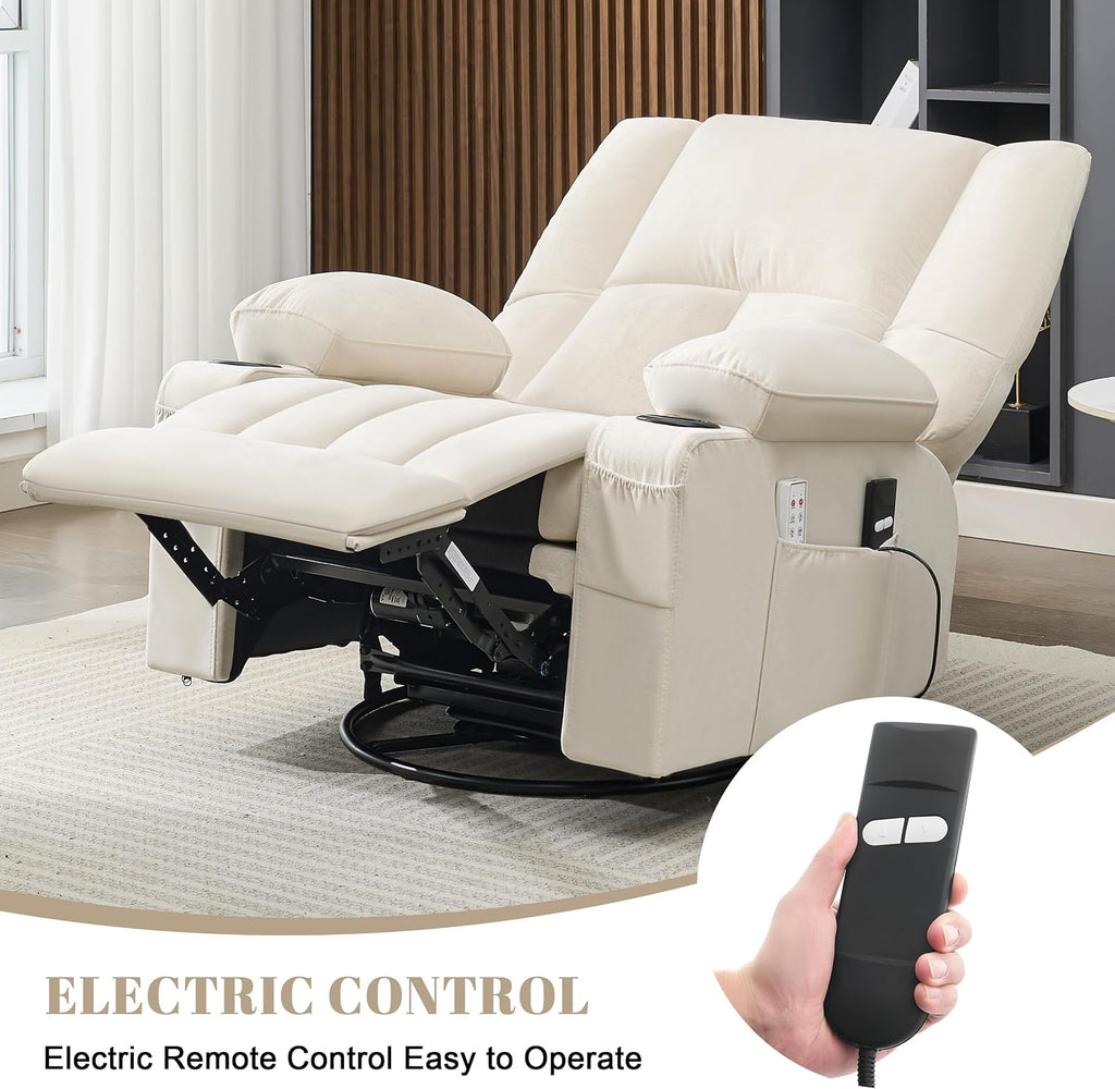 Oversized Recliner Chairs for Adults, Swivel Rocker Recliner with Heat and Massage Lazy Boy Recliner, Recliner Chairs Single Sofa Seat with Cup Holders (Beige, Electric)