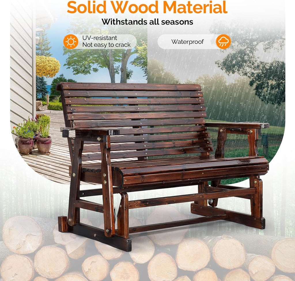 VINGLI Wooden Patio Glider, Heavy Duty 800 LBS Outdoor Glider with Cup Holders, 4 FT Wooden Glider Bench with High Backrest for Garden, Yard, Patio, Rustic