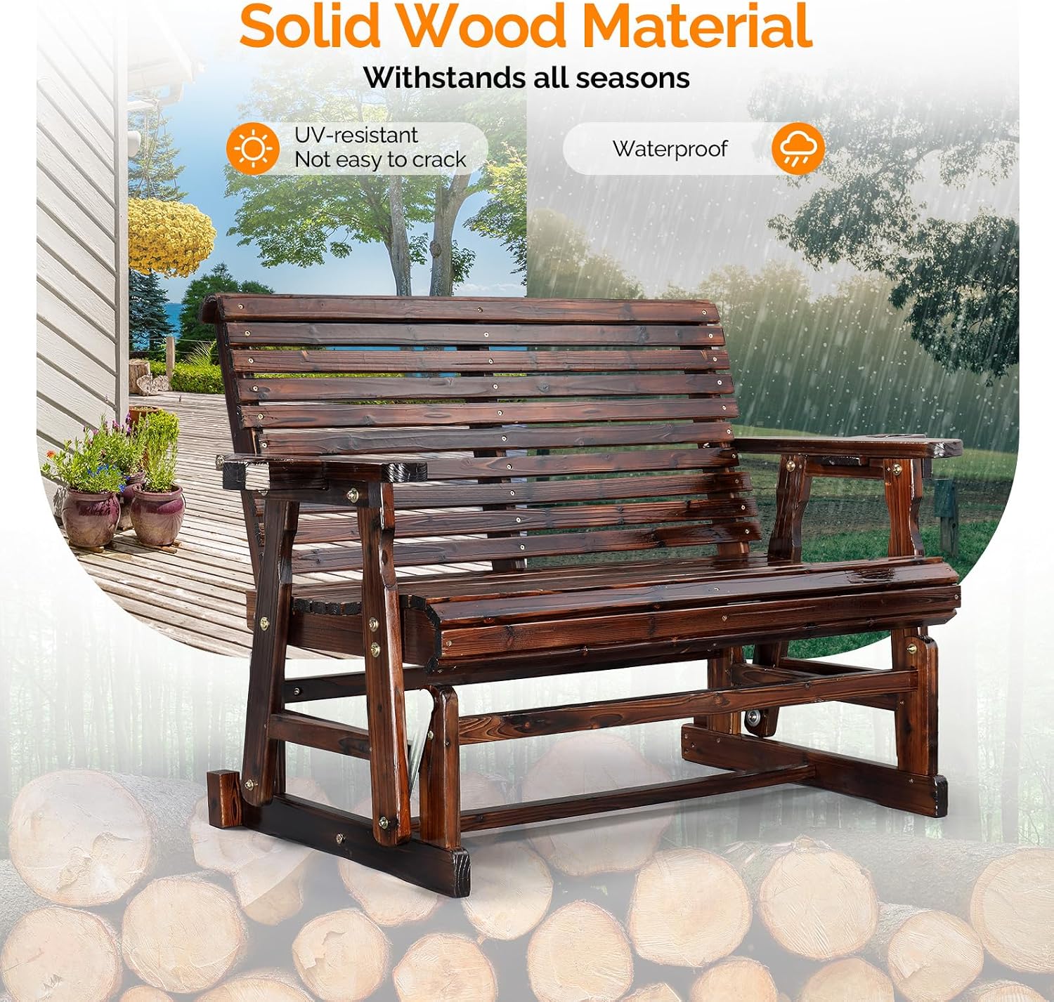 VINGLI Wooden Patio Glider, Heavy Duty 800 LBS Outdoor Glider with Cup Holders, 4 FT Wooden Glider Bench with High Backrest for Garden, Yard, Patio, Rustic